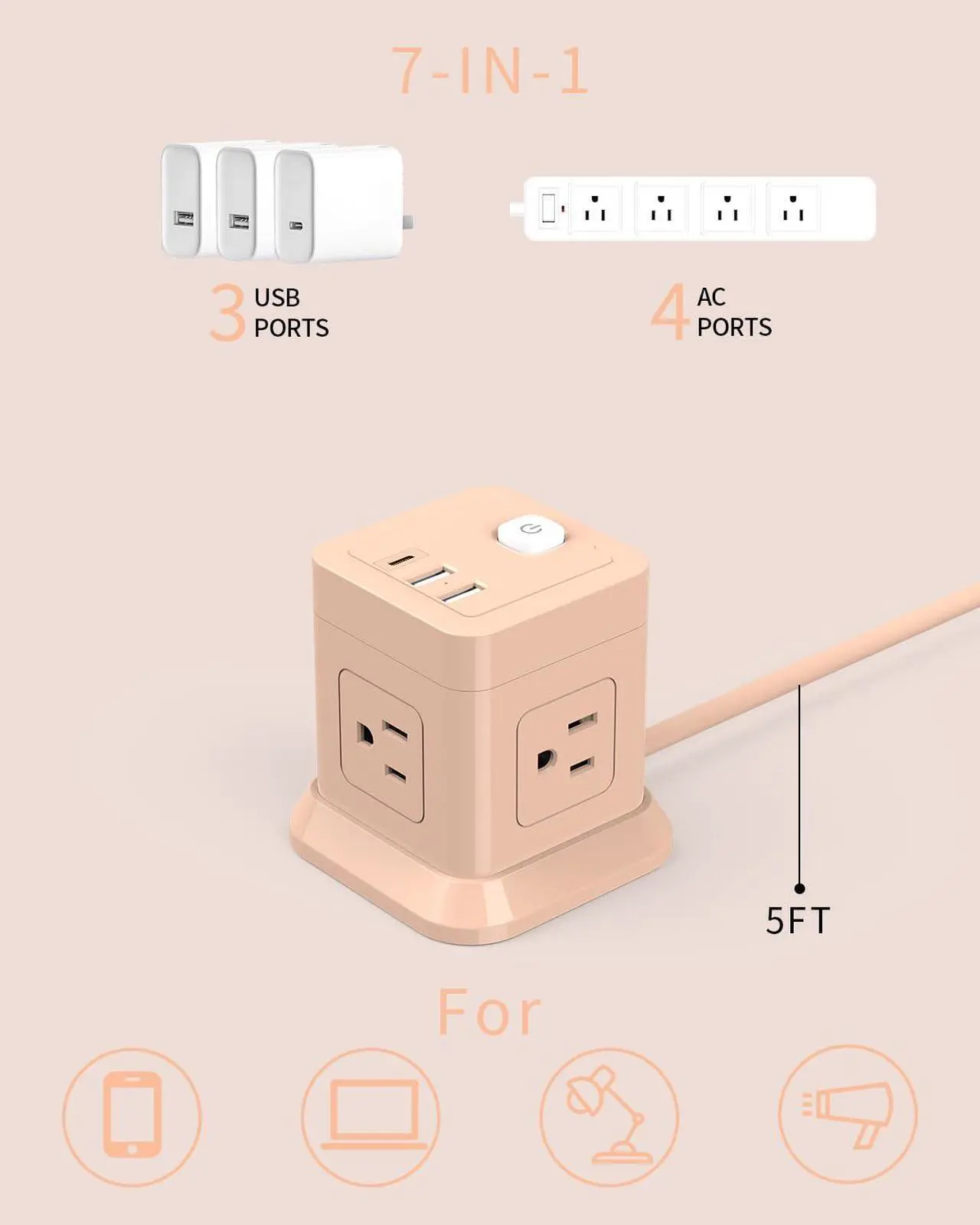 Alt view image 2 of 7 - Cube Power Strip, FDTEK 4 Widely Spaced Outlet with 3 USB (1 USB C) Flat Plug Power Strips with Long Extension Cords Space Save Compact Portable for Travel Home Office Cruise (Pink)
