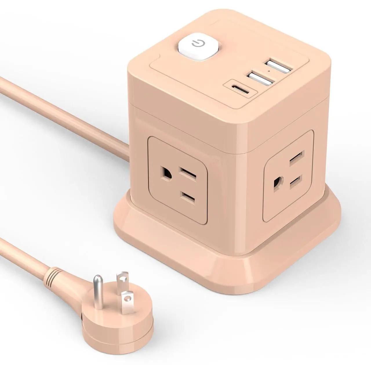 Main image of Cube Power Strip, FDTEK 4 Widely Spaced Outlet with 3 USB (1 USB C) Flat Plug Power Strips with Long Extension Cords Space Save Compact Portable for Travel Home Office Cruise (Pink)