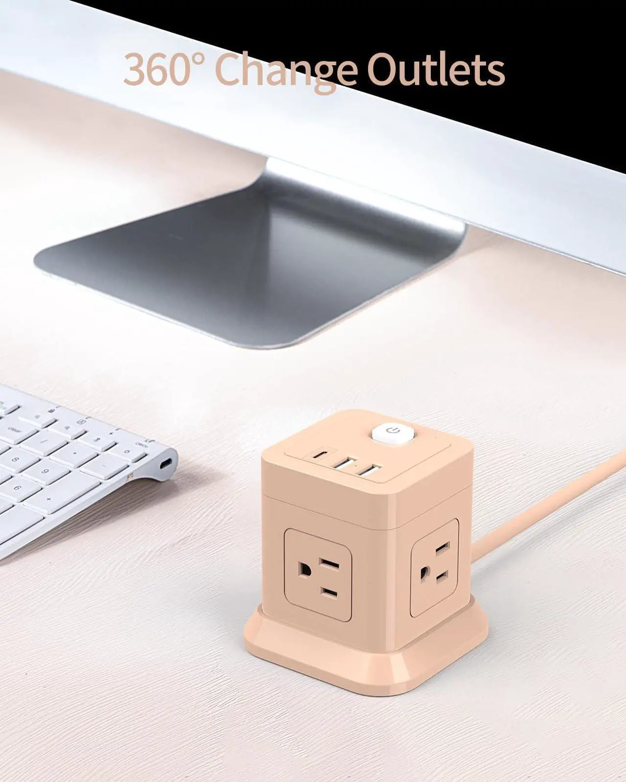 Alt view image 4 of 7 - Cube Power Strip, FDTEK 4 Widely Spaced Outlet with 3 USB (1 USB C) Flat Plug Power Strips with Long Extension Cords Space Save Compact Portable for Travel Home Office Cruise (Pink)