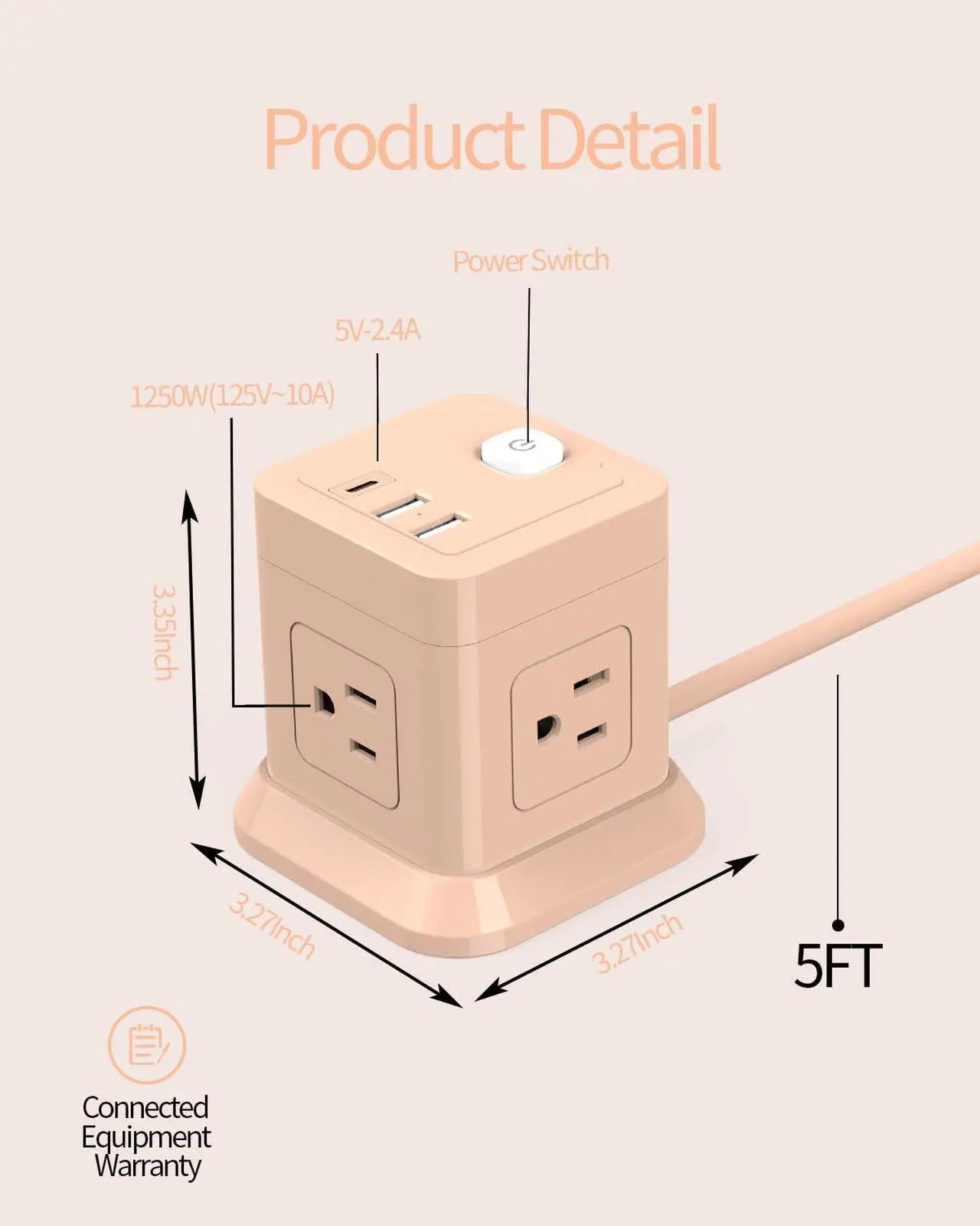 Alt view image 3 of 7 - Cube Power Strip, FDTEK 4 Widely Spaced Outlet with 3 USB (1 USB C) Flat Plug Power Strips with Long Extension Cords Space Save Compact Portable for Travel Home Office Cruise (Pink)