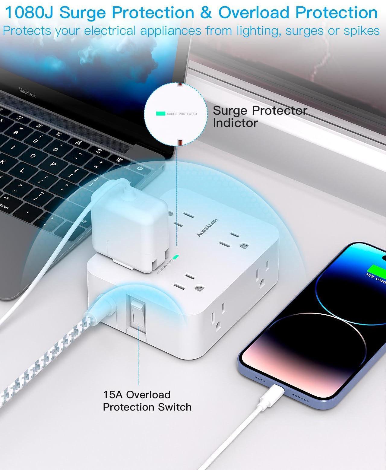 Alt view image 3 of 7 - Surge Protector Power Strip - 8 Outlets 4 USB (2 USB C) Charging Ports, Multi Plug Outlet Extender, 5Ft Braided Extension Cord, Flat Plug Wall Mount Desk Charging Station for Home Office ETL
