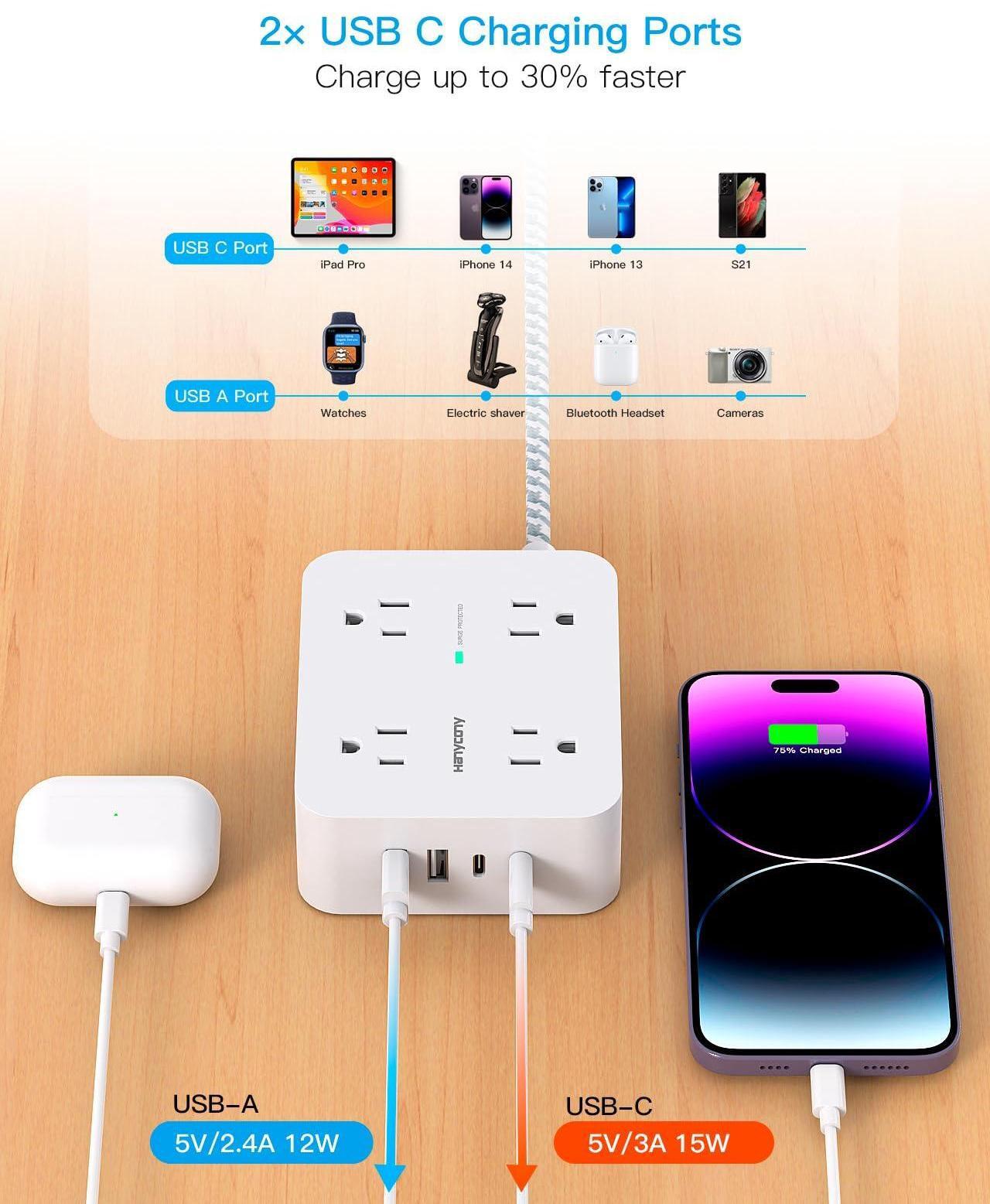 Alt view image 5 of 7 - Surge Protector Power Strip - 8 Outlets 4 USB (2 USB C) Charging Ports, Multi Plug Outlet Extender, 5Ft Braided Extension Cord, Flat Plug Wall Mount Desk Charging Station for Home Office ETL