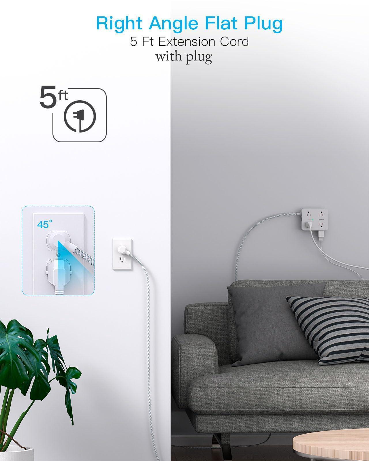 Alt view image 7 of 7 - Surge Protector Power Strip - 8 Outlets 4 USB (2 USB C) Charging Ports, Multi Plug Outlet Extender, 5Ft Braided Extension Cord, Flat Plug Wall Mount Desk Charging Station for Home Office ETL