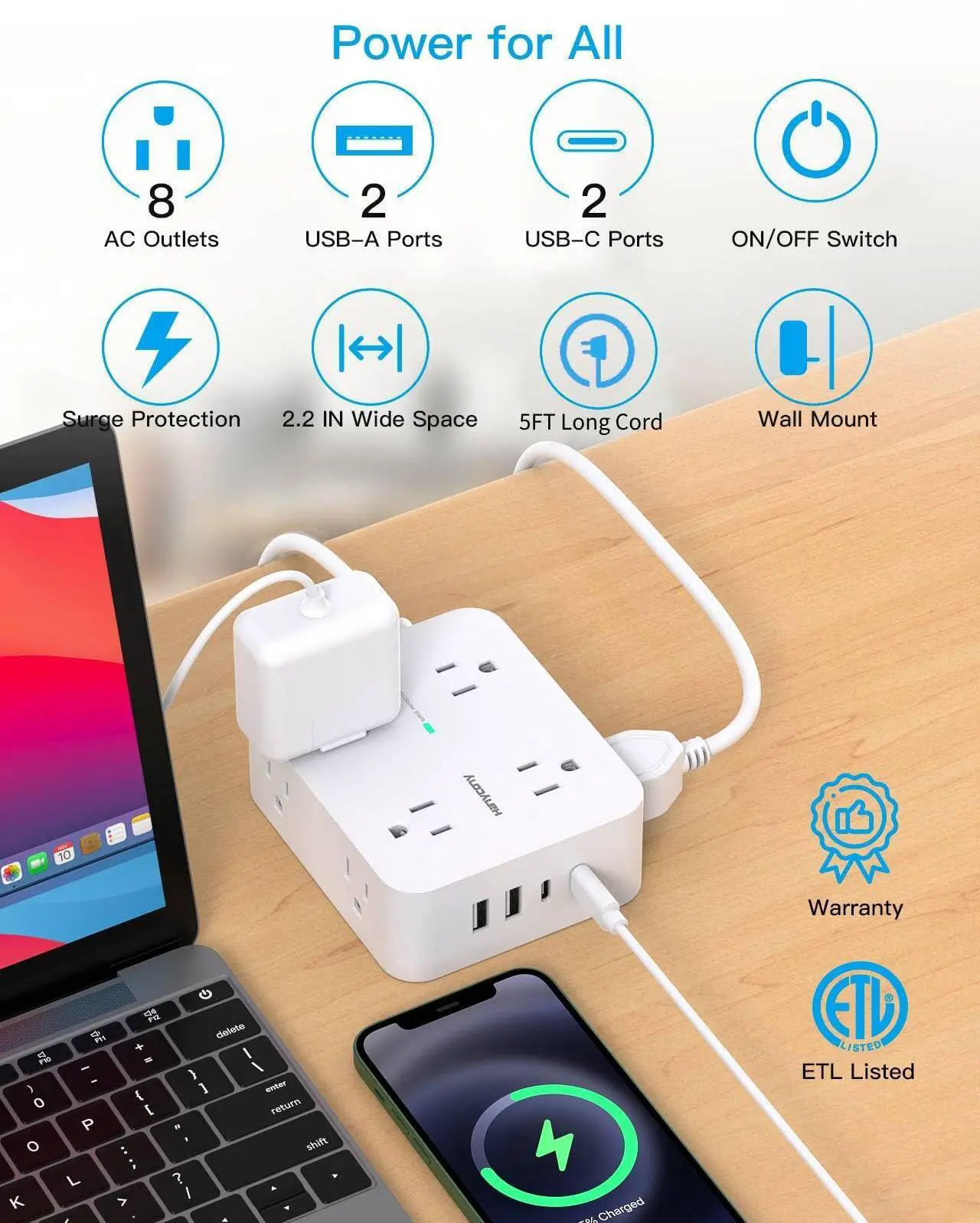 Alt view image 2 of 7 - Power Strips with Surge Protection - HANYCONY 8 Widely Outlets with 4 USB Ports (2 USB C), 3-Side Outlet Extender Strip, 5 Ft Extension Cord, Ideal for Home Office College Dorm Room Essentials