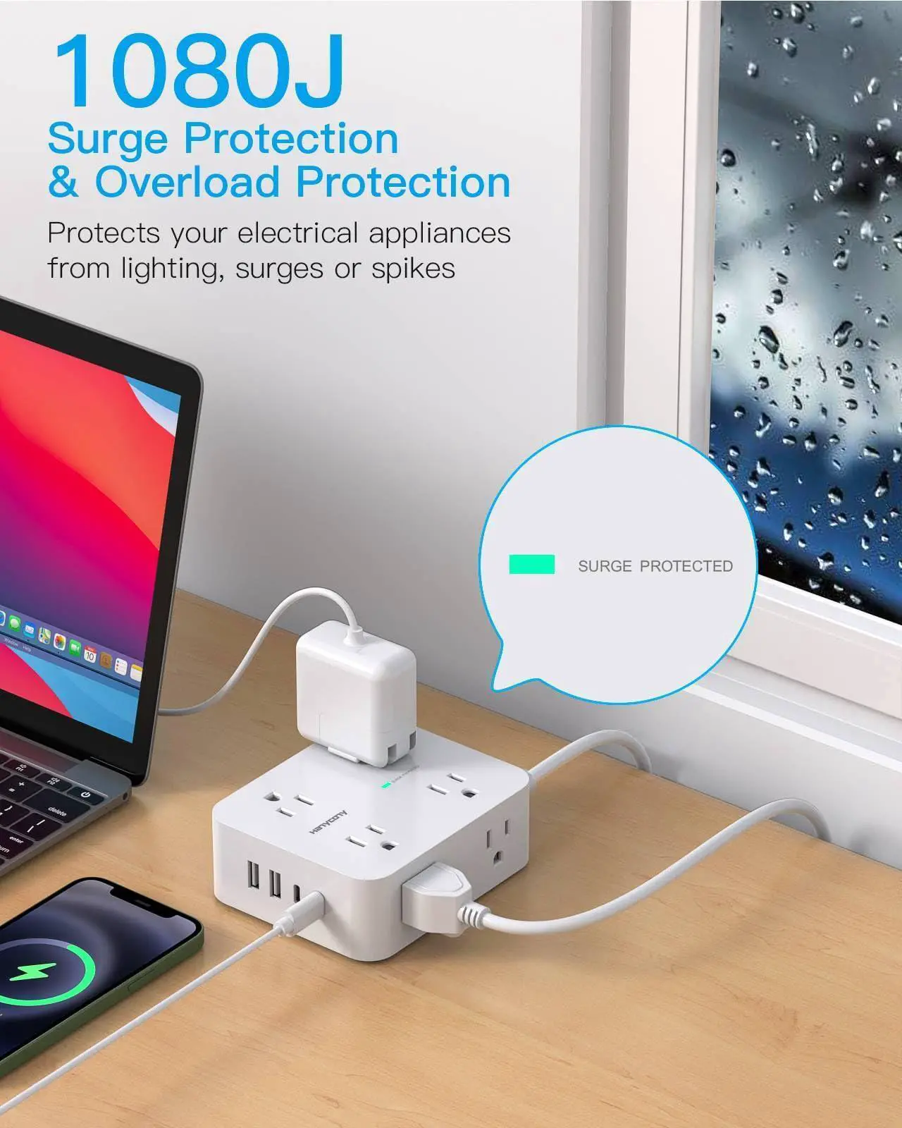 Alt view image 4 of 7 - Power Strips with Surge Protection - HANYCONY 8 Widely Outlets with 4 USB Ports (2 USB C), 3-Side Outlet Extender Strip, 5 Ft Extension Cord, Ideal for Home Office College Dorm Room Essentials