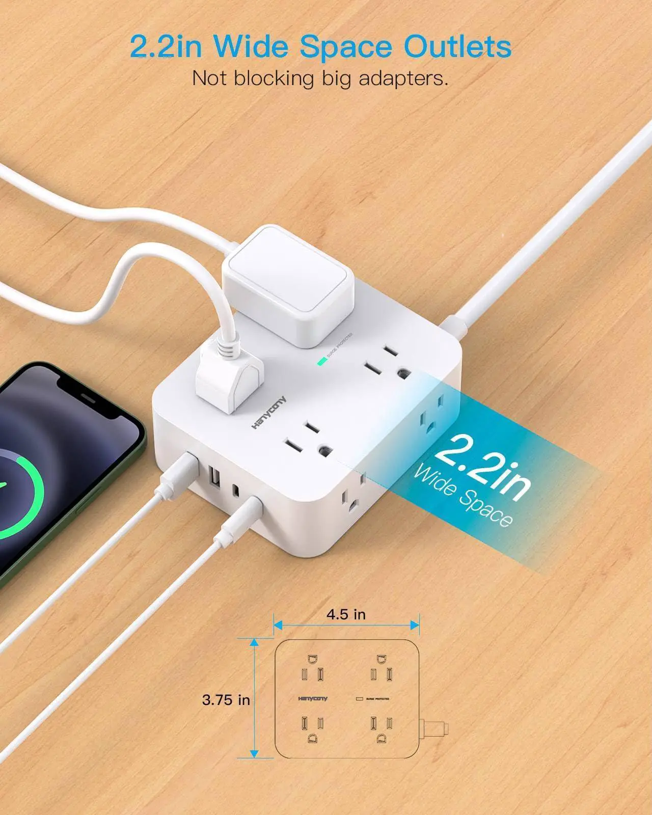 Alt view image 5 of 7 - Power Strips with Surge Protection - HANYCONY 8 Widely Outlets with 4 USB Ports (2 USB C), 3-Side Outlet Extender Strip, 5 Ft Extension Cord, Ideal for Home Office College Dorm Room Essentials
