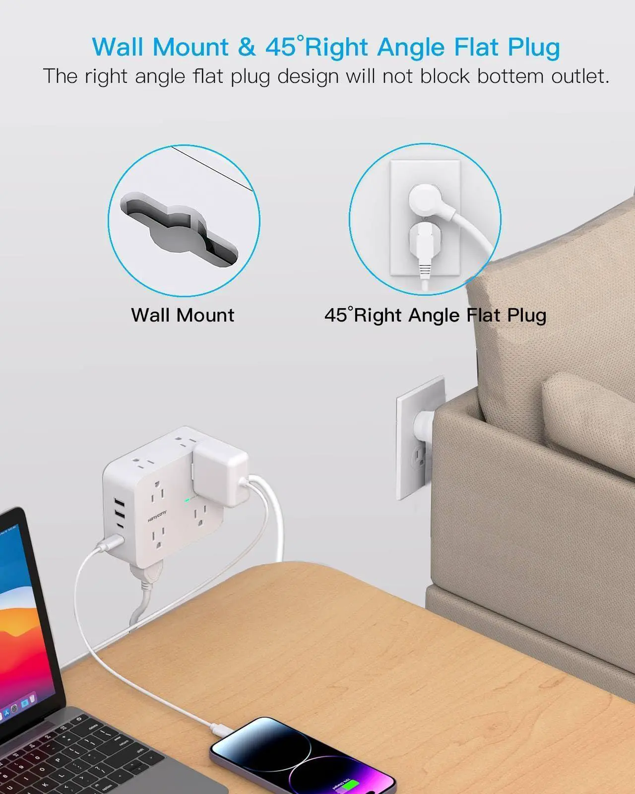 Alt view image 7 of 7 - Power Strips with Surge Protection - HANYCONY 8 Widely Outlets with 4 USB Ports (2 USB C), 3-Side Outlet Extender Strip, 5 Ft Extension Cord, Ideal for Home Office College Dorm Room Essentials