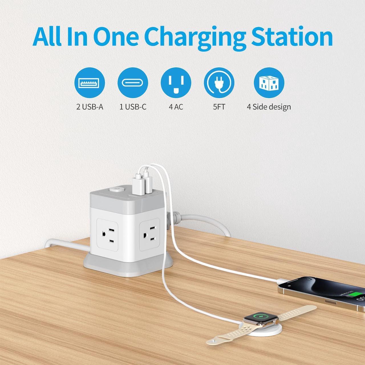 Alt view image 2 of 7 - Power Strip with USB, FDTEK Flat Plug Extension Cord with 4 Outlets and 3 USB(1 USB C), 5 FT Power Cord Desktop Charging Station, Overload Protection, Compact Portable for Travel Home Office