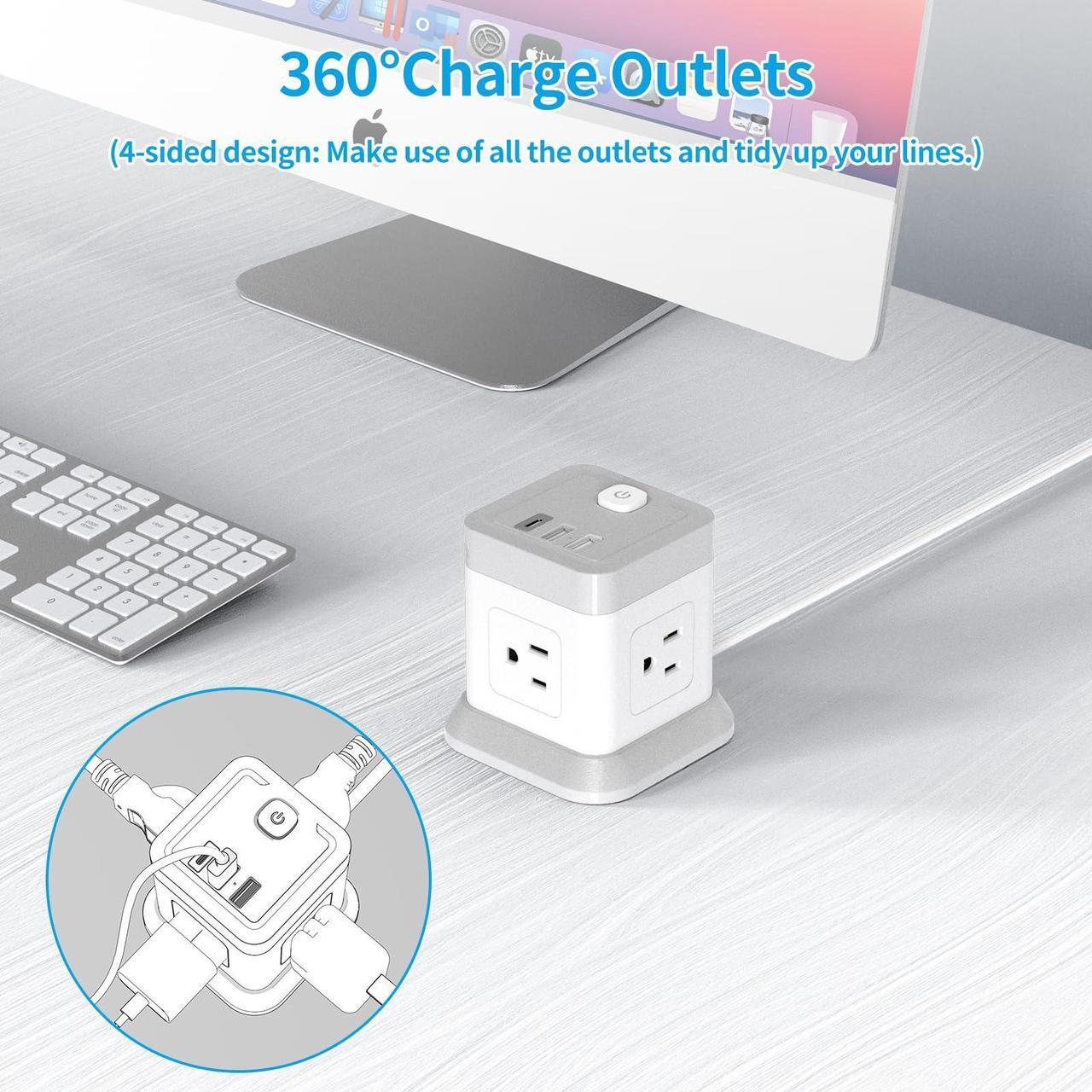 Alt view image 4 of 7 - Power Strip with USB, FDTEK Flat Plug Extension Cord with 4 Outlets and 3 USB(1 USB C), 5 FT Power Cord Desktop Charging Station, Overload Protection, Compact Portable for Travel Home Office
