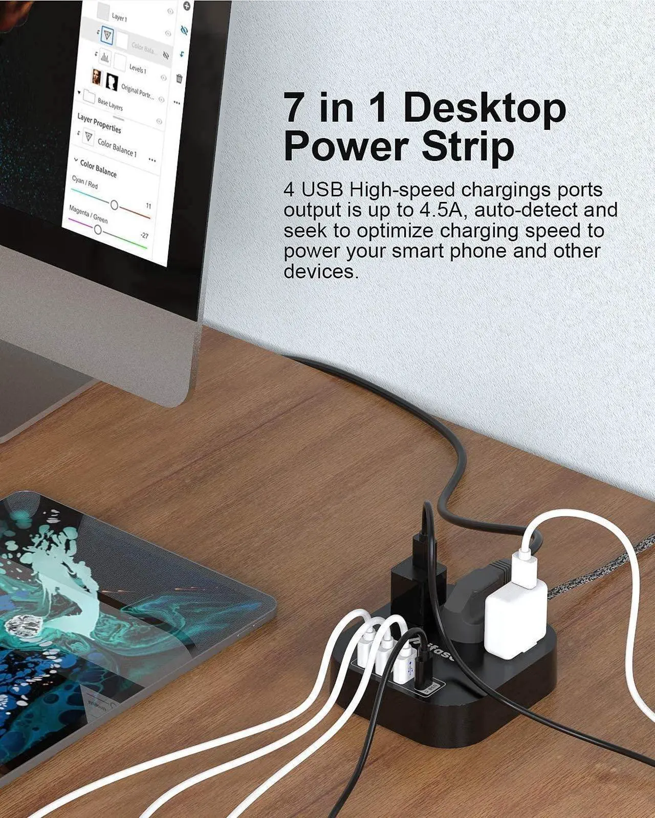 Alt view image 3 of 7 - Power Strip with USB C, 3 Outlet 4 USB Ports 4.5A Flat Plug Desktop Charging Station, Non Surge Protector with 5ft Heavy Duty Braided Extension Cord for Cruise Ship Travel Office Home, ETL Listed