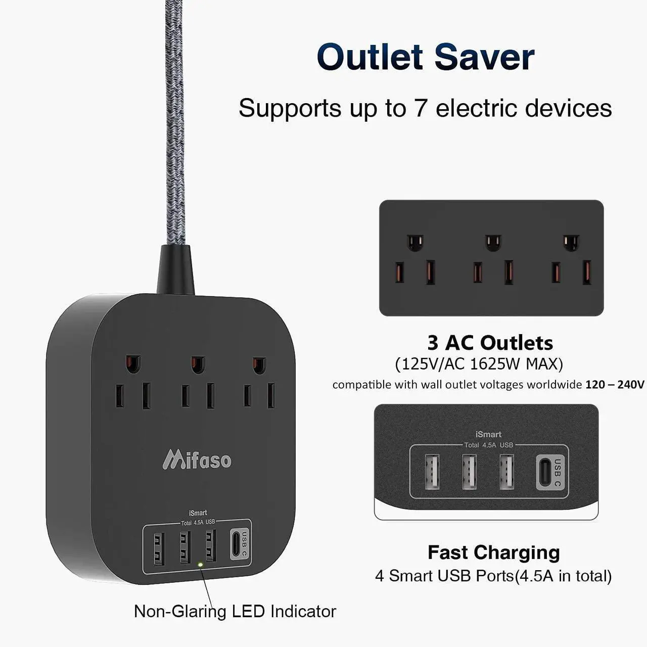 Alt view image 4 of 7 - Power Strip with USB C, 3 Outlet 4 USB Ports 4.5A Flat Plug Desktop Charging Station, Non Surge Protector with 5ft Heavy Duty Braided Extension Cord for Cruise Ship Travel Office Home, ETL Listed