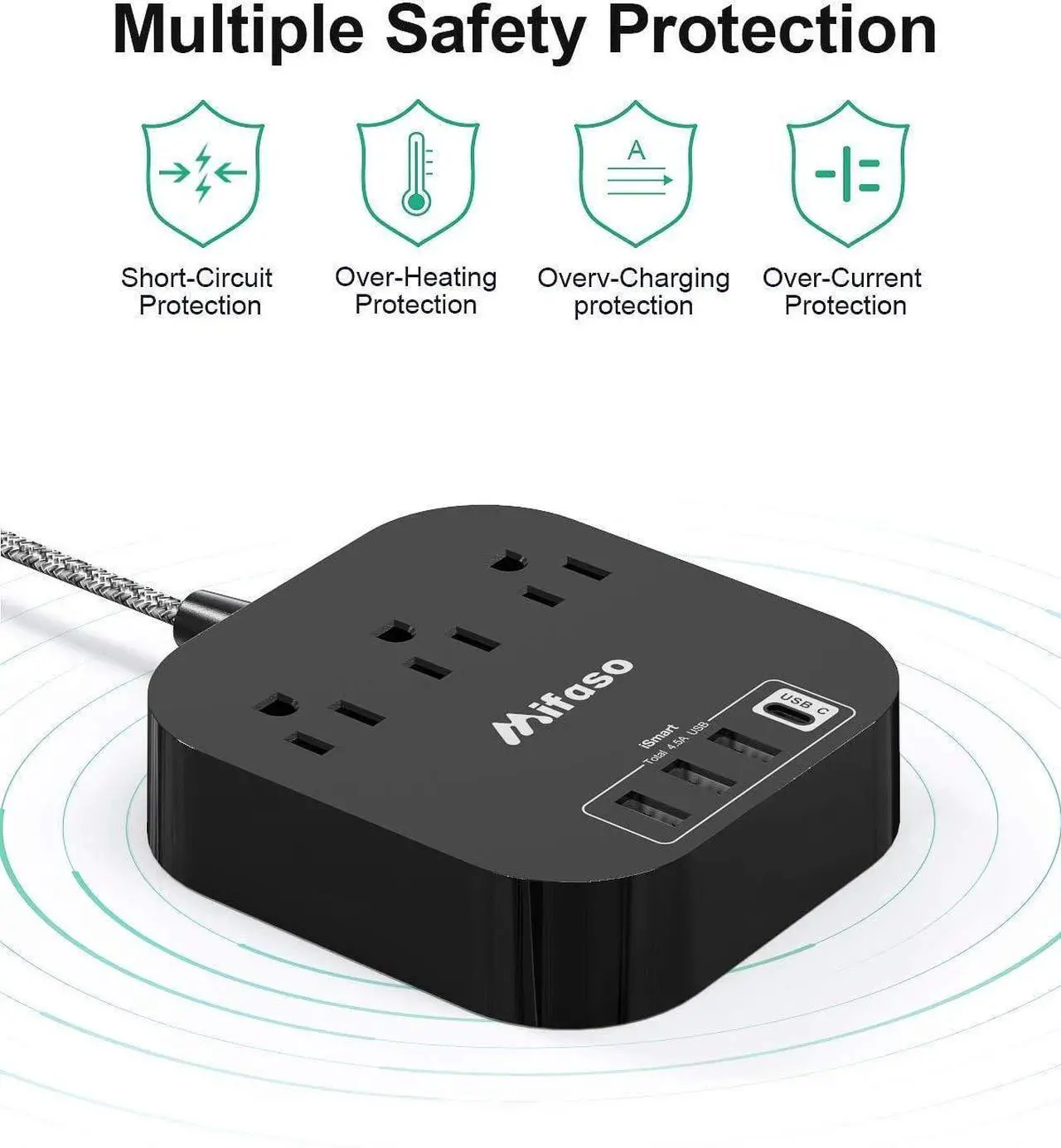 Alt view image 5 of 7 - Power Strip with USB C, 3 Outlet 4 USB Ports 4.5A Flat Plug Desktop Charging Station, Non Surge Protector with 5ft Heavy Duty Braided Extension Cord for Cruise Ship Travel Office Home, ETL Listed