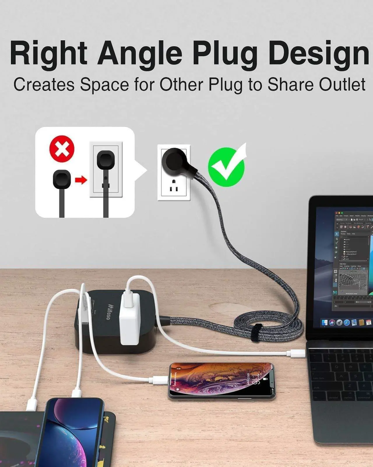Alt view image 6 of 7 - Power Strip with USB C, 3 Outlet 4 USB Ports 4.5A Flat Plug Desktop Charging Station, Non Surge Protector with 5ft Heavy Duty Braided Extension Cord for Cruise Ship Travel Office Home, ETL Listed