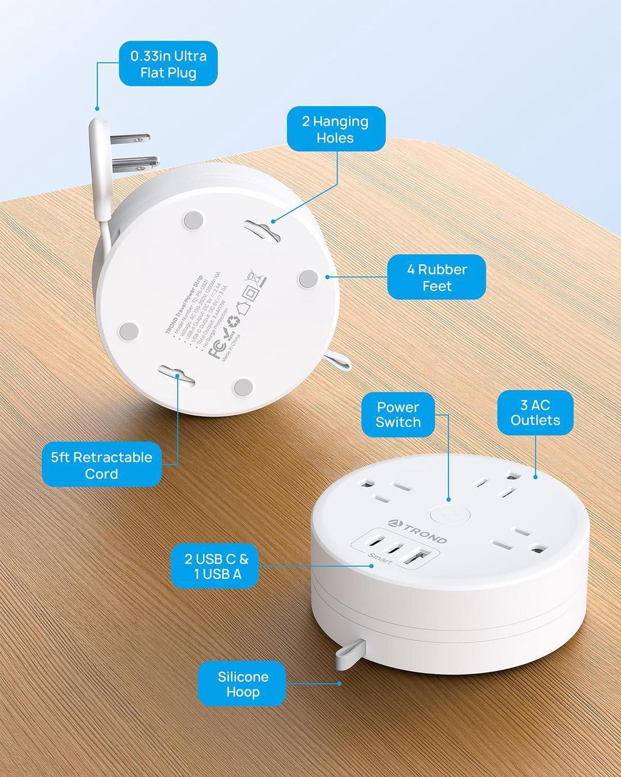 Alt view image 7 of 7 - TROND Travel Power Strip - Retractable Extension Cord 5ft Ultra Thin Flat Plug, Retractable Power Strip with 3 AC Outlets 3 USB Ports (2 USB C), Cruise Ship Essentials, for Home Hotel Dorm Room, White