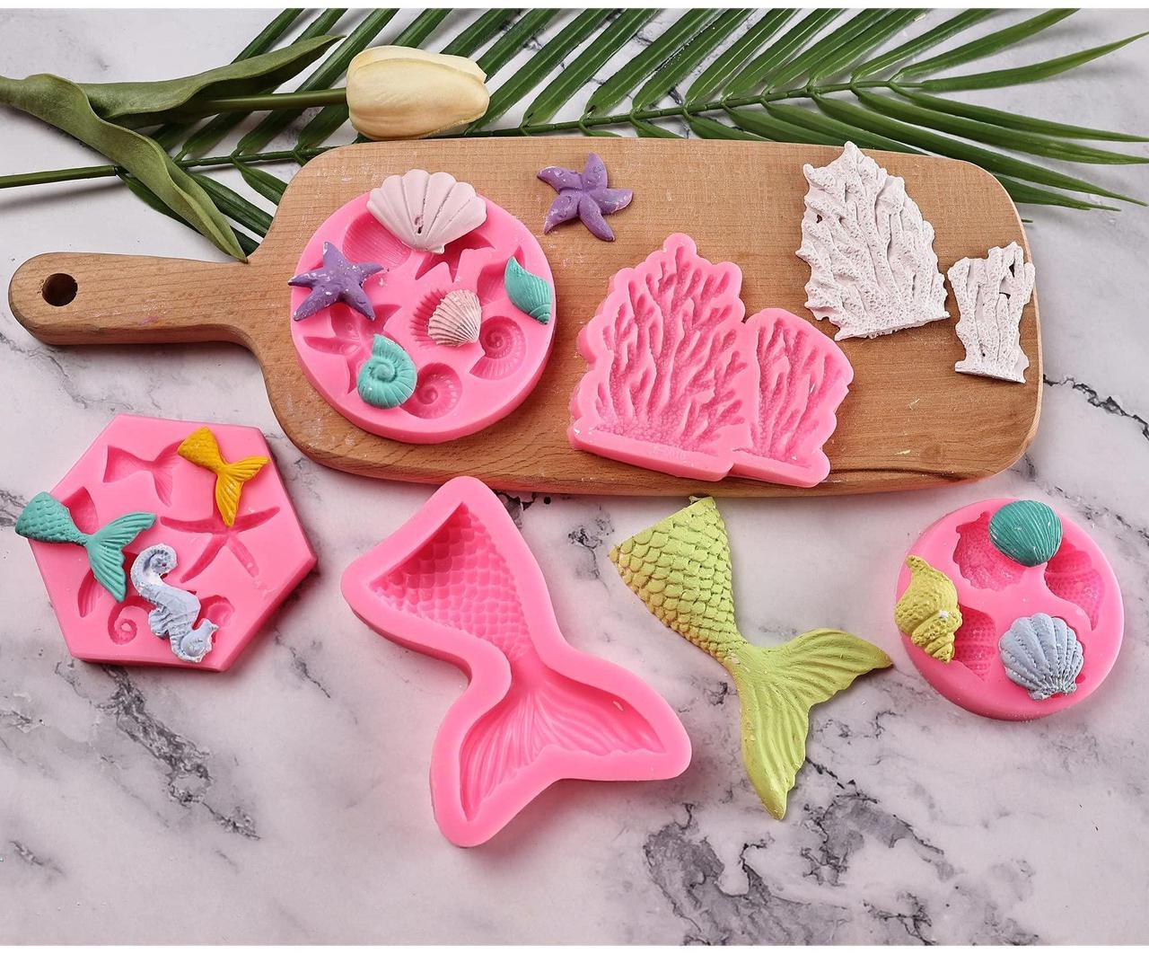 Alt view image 4 of 6 - GELIFATLE Mermaid Theme Cake Mold, Mermaid, Shell, Seaweed, Coral Silicone Mold Cupcake Toppers Mold for Candy,Chocolate,Fondant,Polymer Clay,Crafting Projects & Cake Decoration