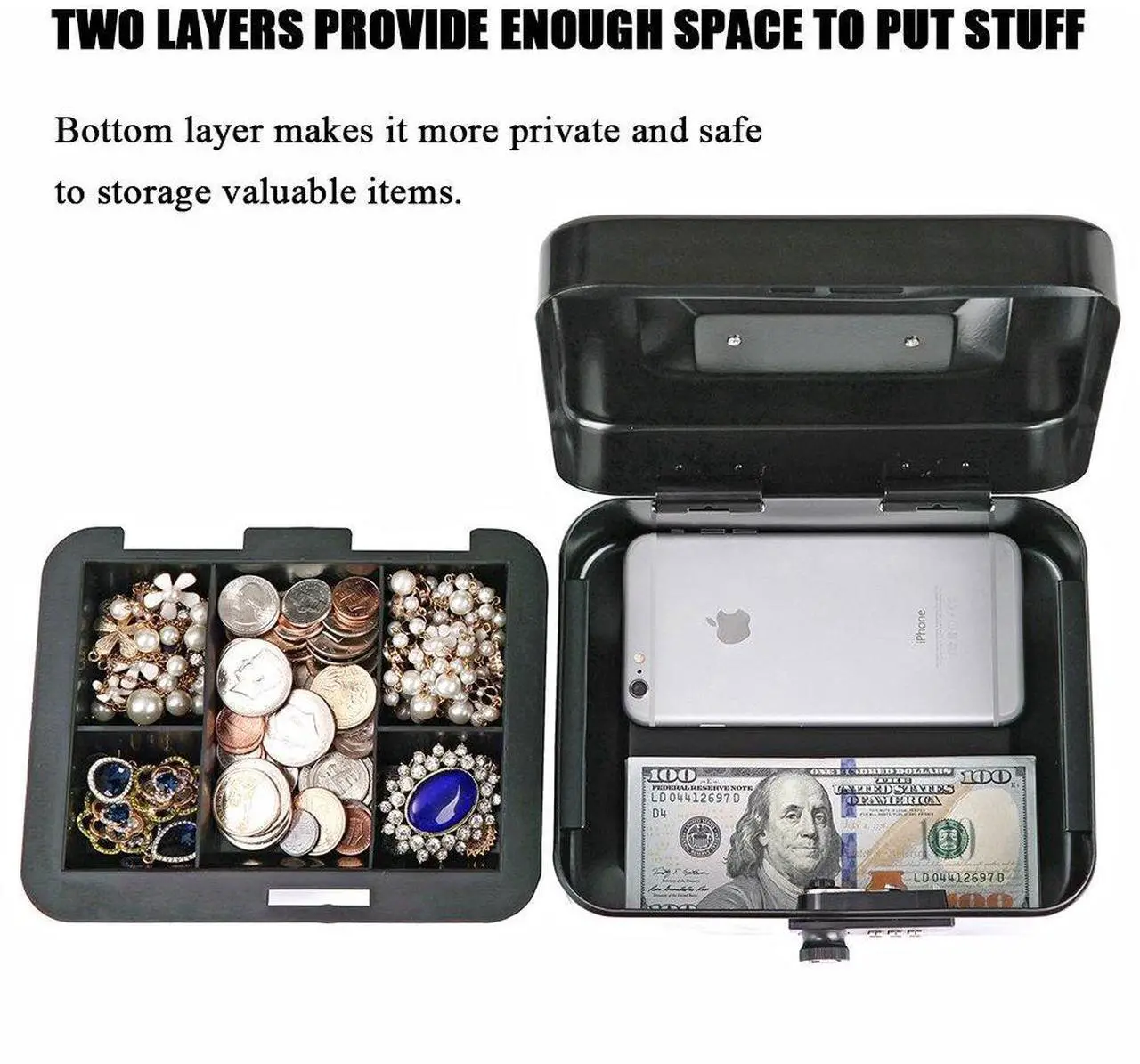 Alt view image 2 of 7 - Jssmst Medium Cash Box with Combination Lock- Durable Metal Cash Box with Money Tray Black,7.87 x 6.3 x 3.35 inches, CB0701M