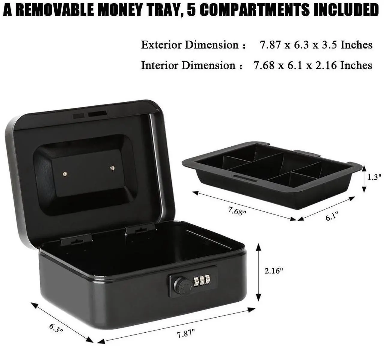 Alt view image 3 of 7 - Jssmst Medium Cash Box with Combination Lock- Durable Metal Cash Box with Money Tray Black,7.87 x 6.3 x 3.35 inches, CB0701M
