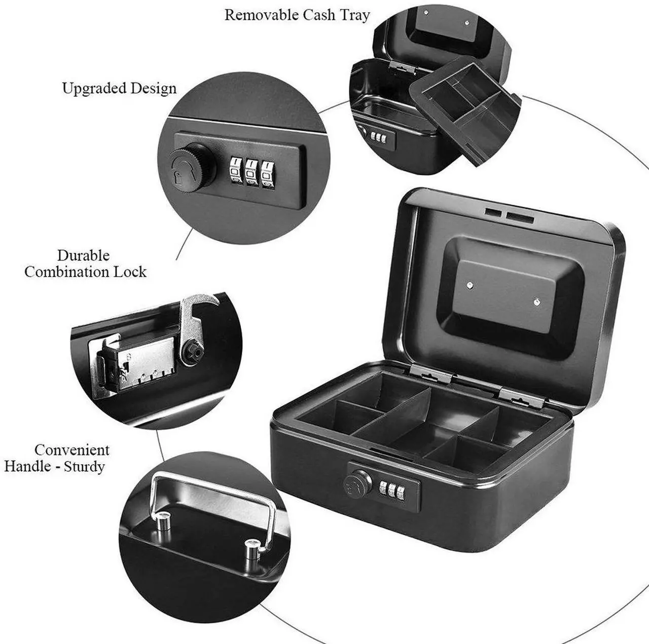 Alt view image 4 of 7 - Jssmst Medium Cash Box with Combination Lock- Durable Metal Cash Box with Money Tray Black,7.87 x 6.3 x 3.35 inches, CB0701M