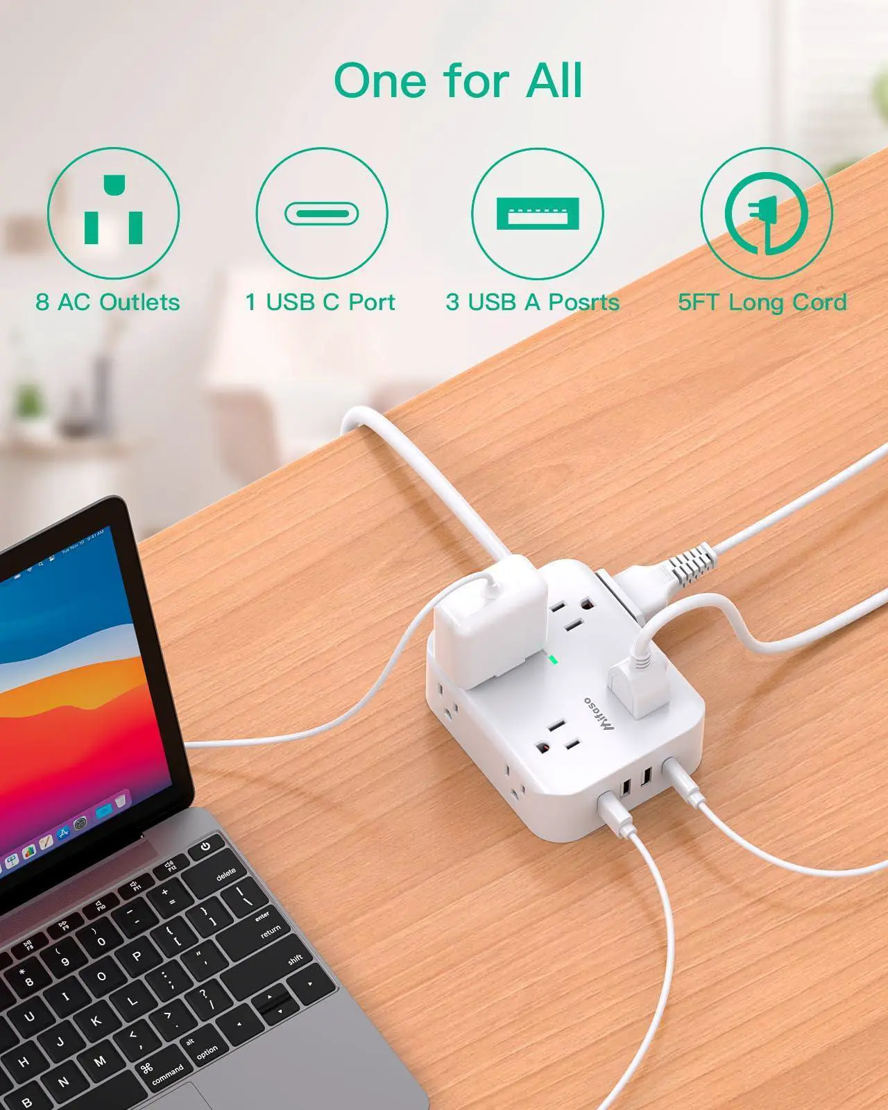 Alt view image 2 of 6 - Power Strip Surge Protector - Flat Plug, 8 Wide Outlets with 4 USB Ports (1 USB C), 5FT Heavy Duty Extension Cord with Multiple Outlets, Wall Mount, Charging Station Overload Protection for Home Dorm