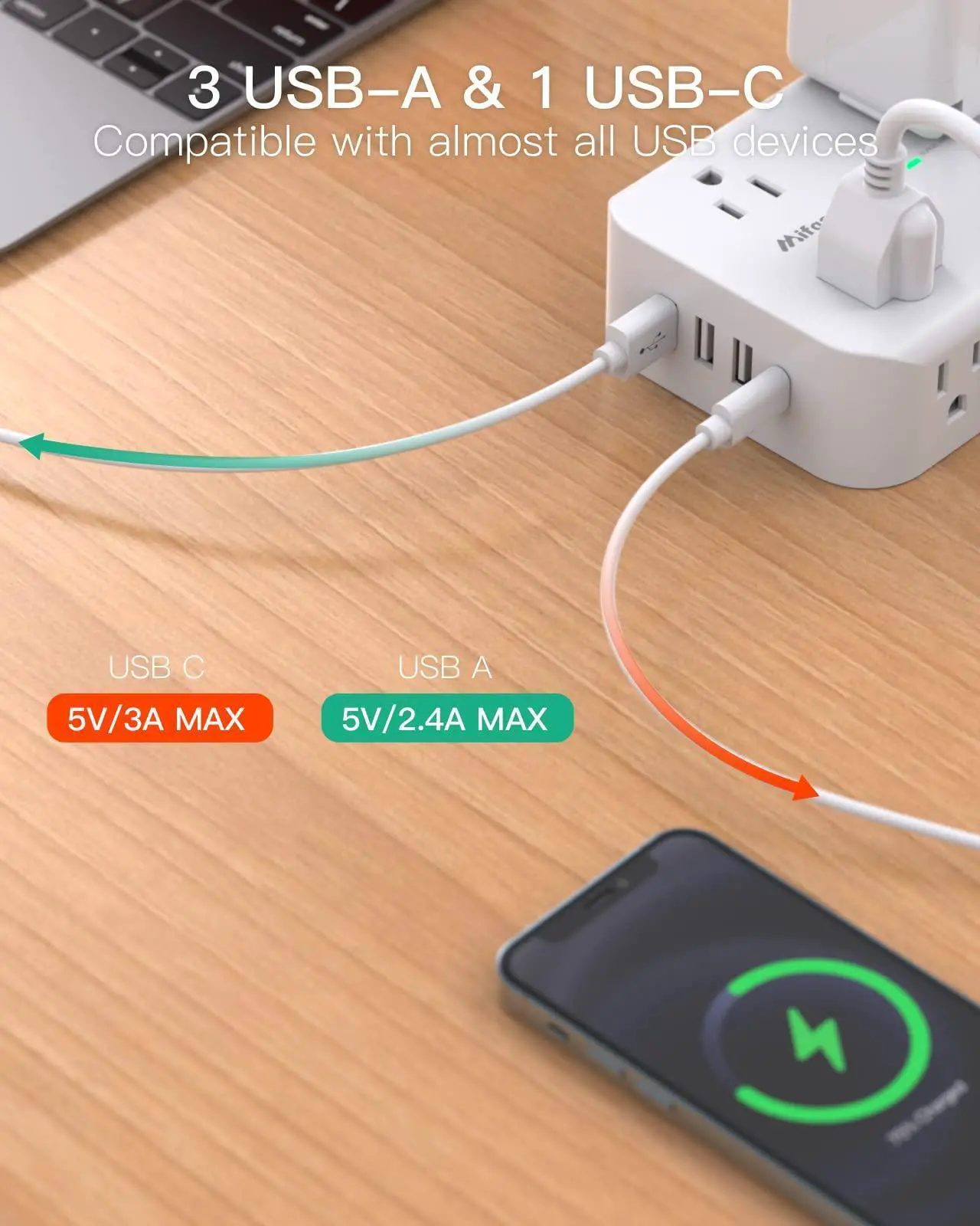Alt view image 3 of 6 - Power Strip Surge Protector - Flat Plug, 8 Wide Outlets with 4 USB Ports (1 USB C), 5FT Heavy Duty Extension Cord with Multiple Outlets, Wall Mount, Charging Station Overload Protection for Home Dorm