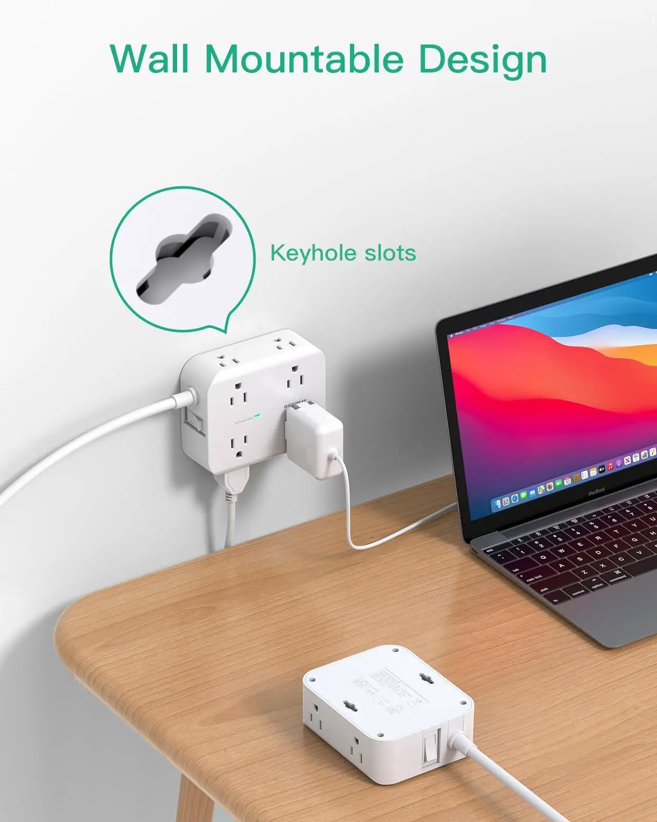 Alt view image 5 of 6 - Power Strip Surge Protector - Flat Plug, 8 Wide Outlets with 4 USB Ports (1 USB C), 5FT Heavy Duty Extension Cord with Multiple Outlets, Wall Mount, Charging Station Overload Protection for Home Dorm