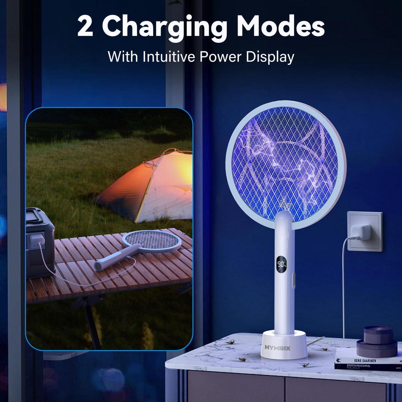 Alt view image 3 of 7 - Nymrix Electric Fly Swatter Racket, 2 in 1 Mosquito Bug Zapper 4100V Handheld Mosquito Killer with 1800 mAh Rechargeable Battery, Purple Light and 3-Layer Safety Mesh for Indoor Outdoor Blue