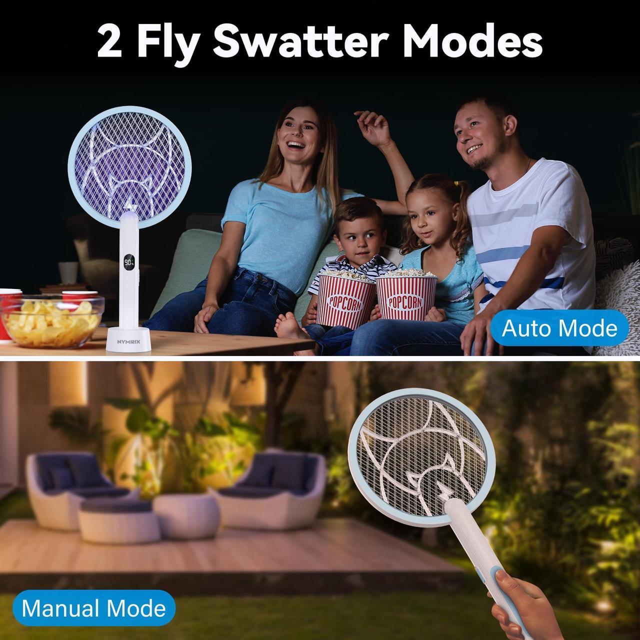 Alt view image 5 of 7 - Nymrix Electric Fly Swatter Racket, 2 in 1 Mosquito Bug Zapper 4100V Handheld Mosquito Killer with 1800 mAh Rechargeable Battery, Purple Light and 3-Layer Safety Mesh for Indoor Outdoor Blue