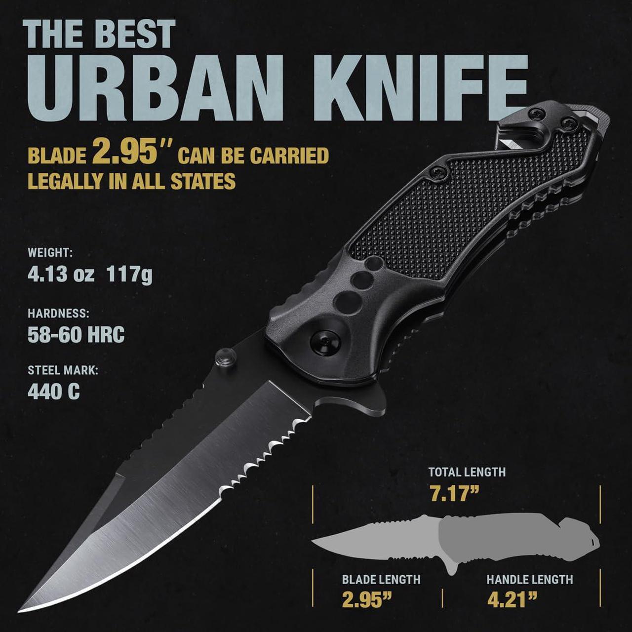 Alt view image 3 of 7 - Legal Pocket Knife with 2.95 Serrated Blade, Glass Breaker, Seat Belt Cutter - EDC Sharp Folding Knives with Portable Clip - Small Tool for Tactical Camping Survival Hiking - Gifts for Men 6680