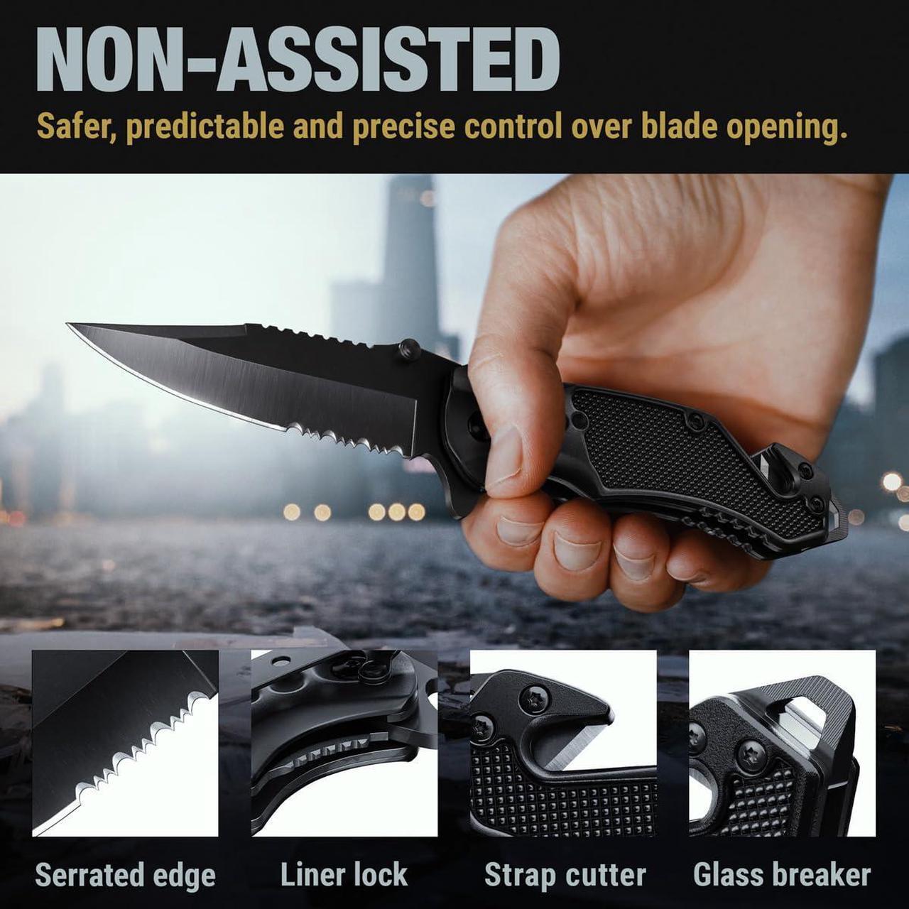 Alt view image 5 of 7 - Legal Pocket Knife with 2.95 Serrated Blade, Glass Breaker, Seat Belt Cutter - EDC Sharp Folding Knives with Portable Clip - Small Tool for Tactical Camping Survival Hiking - Gifts for Men 6680
