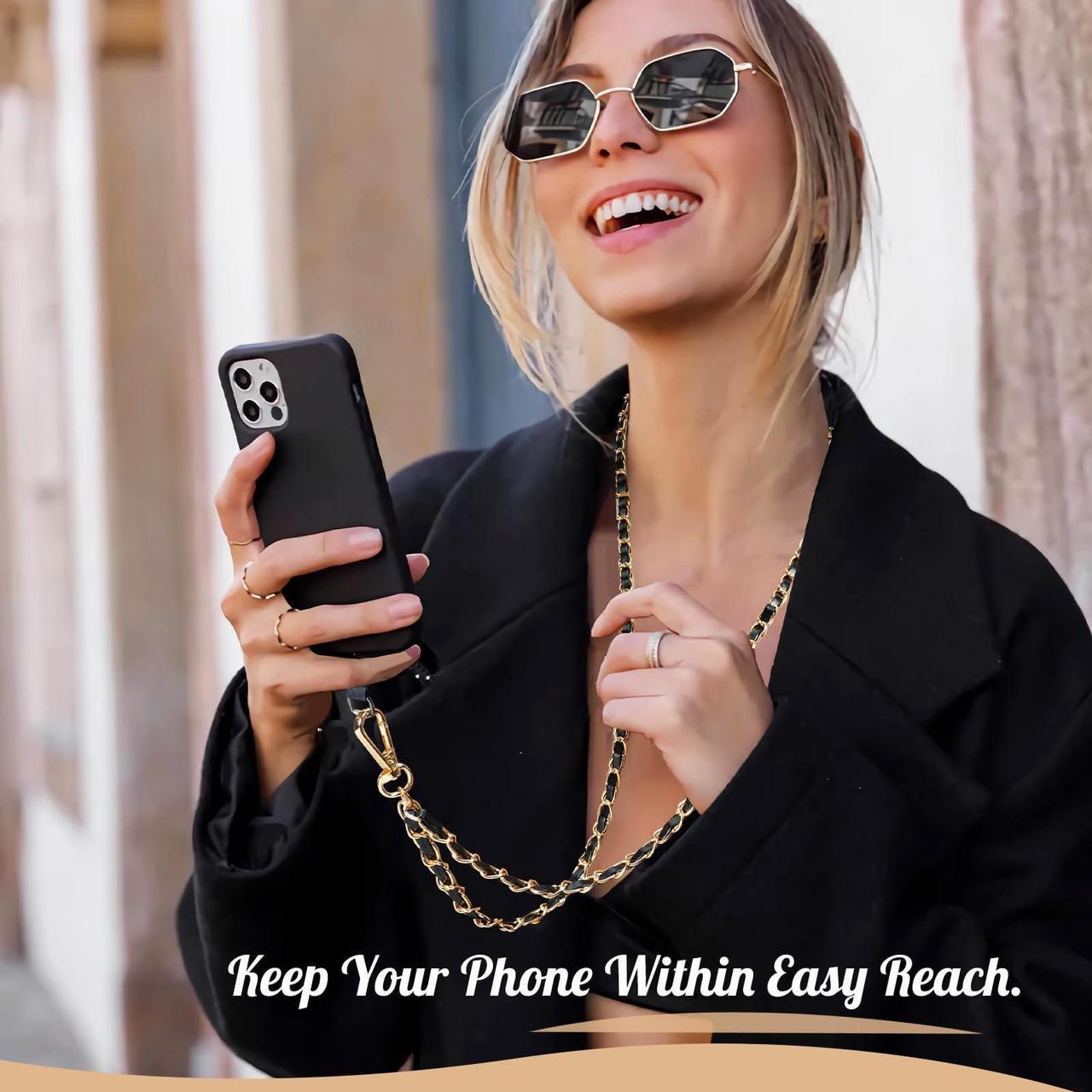 Alt view image 4 of 7 - TiMOVO Universal Phone Lanyard, Metal Cell Phone Chain Anti-Theft Crossbody Strap for iPhone 16, 15 and Most Smartphones, Cell Phone Neck Holder for Women, Gold & Black