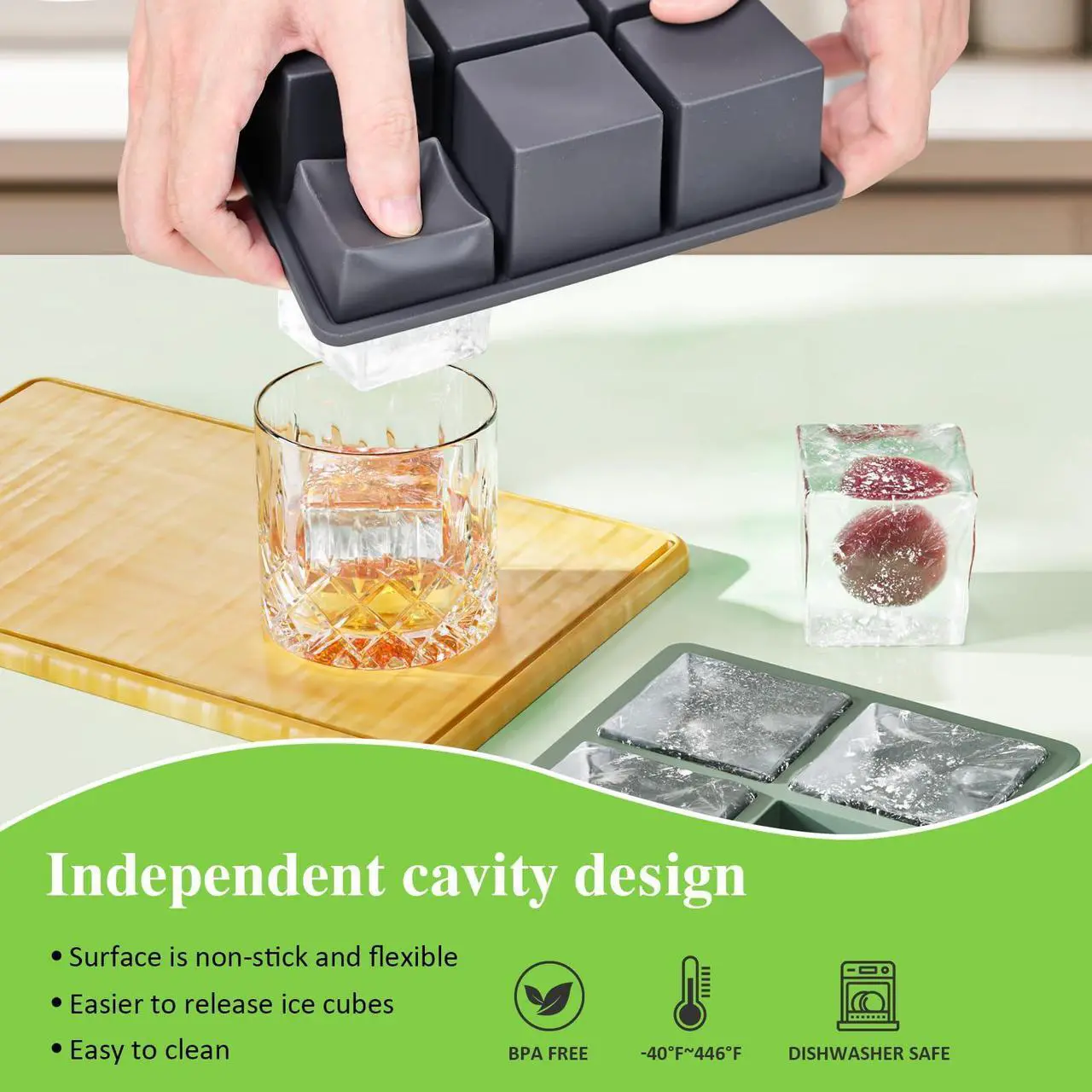 Alt view image 2 of 7 - Large Ice Cube Tray for Whiskey: 2inch Big Silicone Ice Trays with Lid for Whisky - 3Pack Old Fashioned Ice Cube Trays for Cocktail - Huge Square Cubed Bourbon Ice Cube Maker