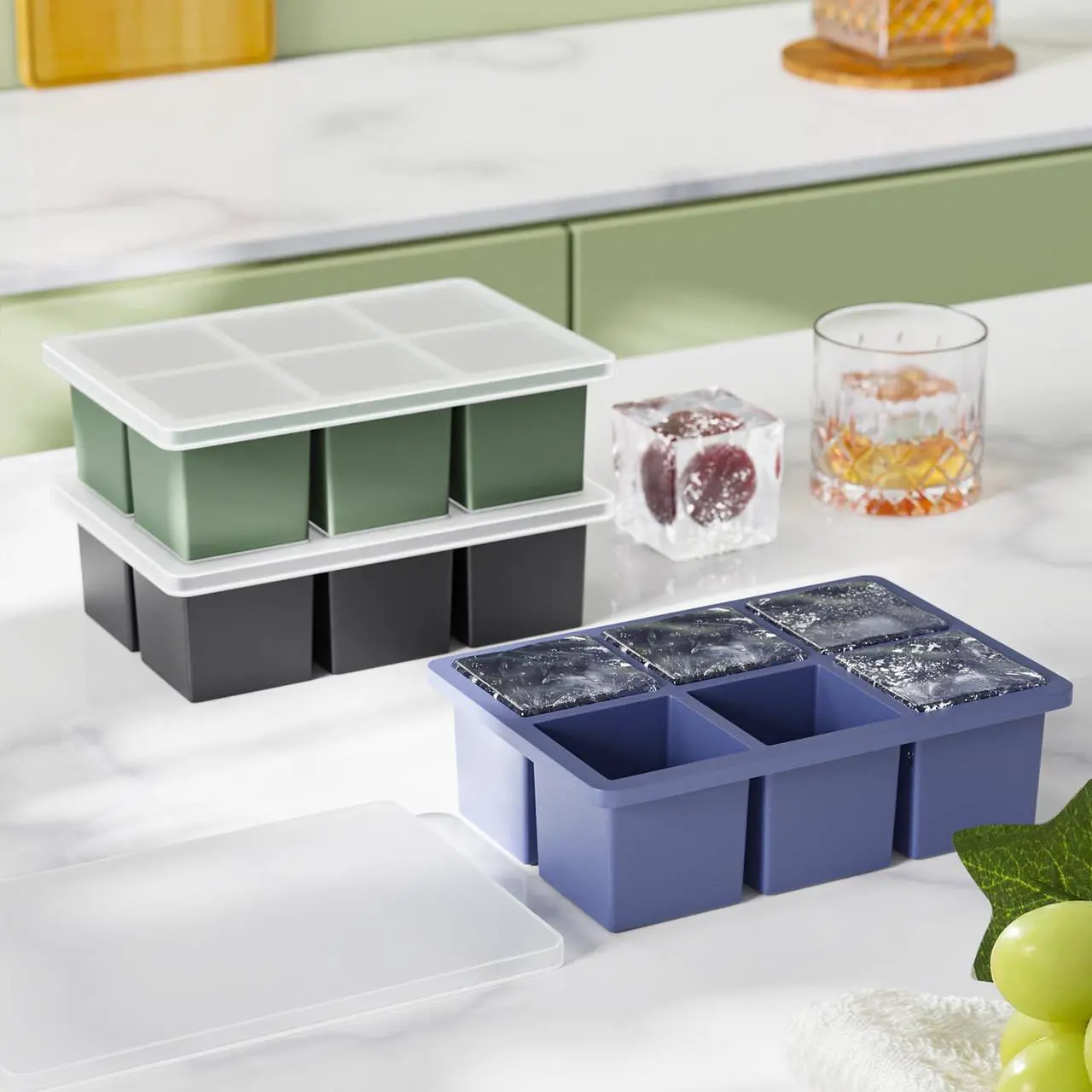 Alt view image 5 of 7 - Large Ice Cube Tray for Whiskey: 2inch Big Silicone Ice Trays with Lid for Whisky - 3Pack Old Fashioned Ice Cube Trays for Cocktail - Huge Square Cubed Bourbon Ice Cube Maker