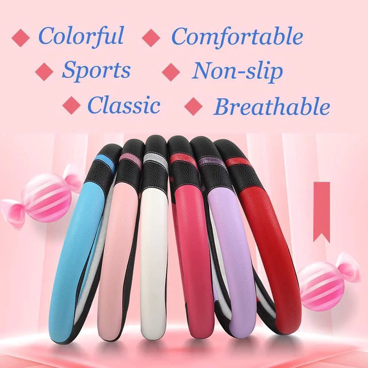 Alt view image 5 of 6 - Cxtiy Steering Wheel Cover for Women Leather Universal Steering Wheel Covers for Car 15 inch (Pink)