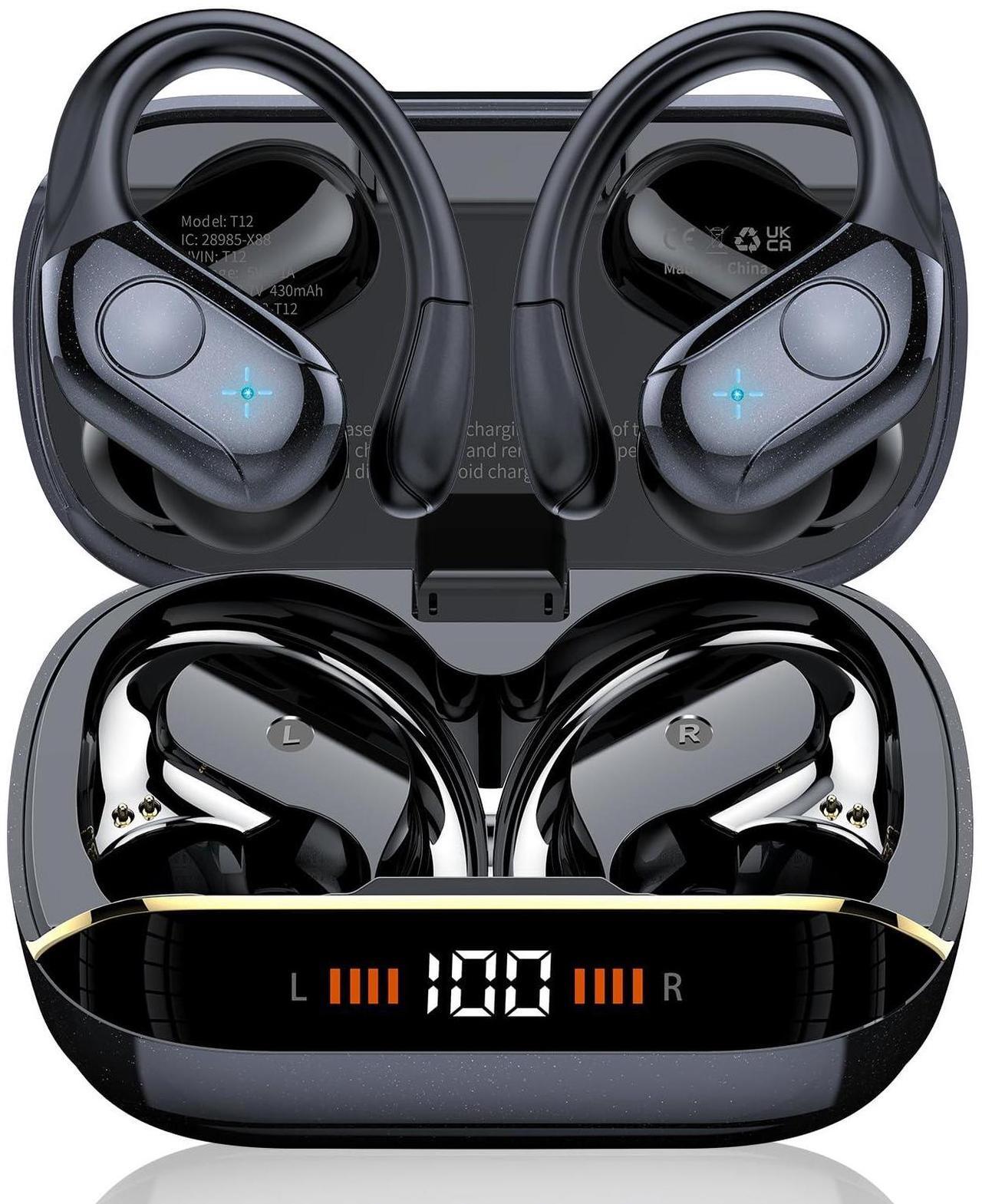 Main image of Qecnato Wireless Earbuds Bluetooth 5.4 Headphones Sports, 75H Stereo Deep Bass Over Ear Buds with Earhooks, Bluetooth Earbuds with 4 ENC Mic, LED Display, IP7 Waterproof Earphone for Running, Black