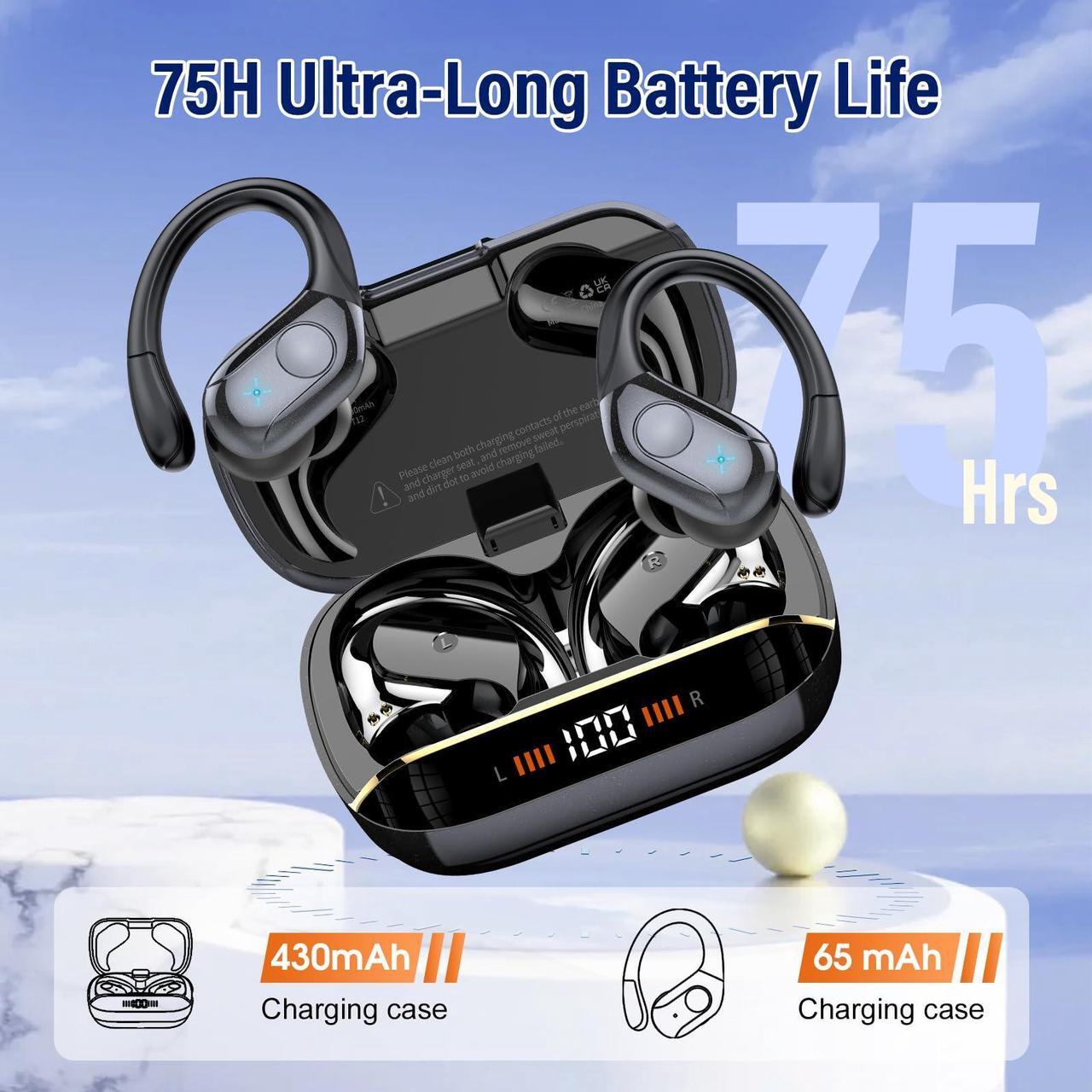 Alt view image 3 of 7 - Qecnato Wireless Earbuds Bluetooth 5.4 Headphones Sports, 75H Stereo Deep Bass Over Ear Buds with Earhooks, Bluetooth Earbuds with 4 ENC Mic, LED Display, IP7 Waterproof Earphone for Running, Black