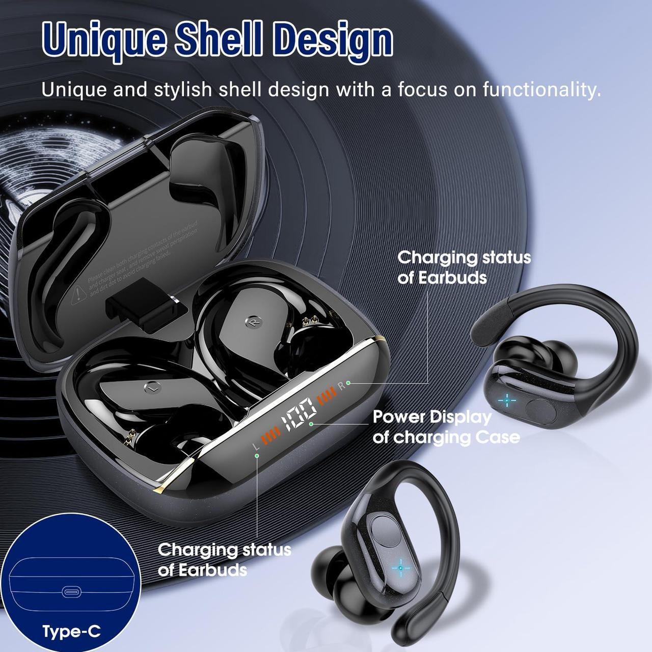 Alt view image 5 of 7 - Qecnato Wireless Earbuds Bluetooth 5.4 Headphones Sports, 75H Stereo Deep Bass Over Ear Buds with Earhooks, Bluetooth Earbuds with 4 ENC Mic, LED Display, IP7 Waterproof Earphone for Running, Black