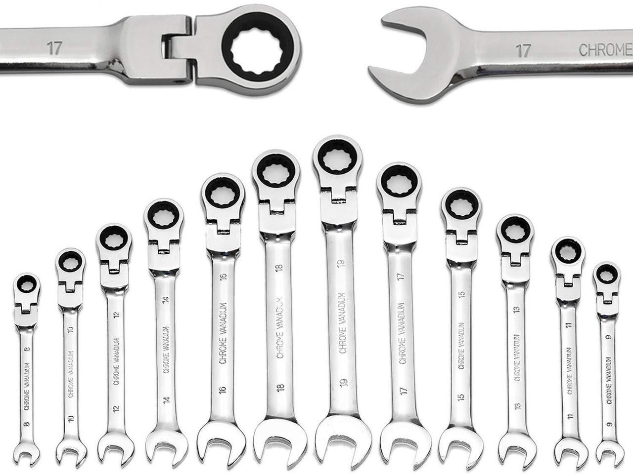 Main image of Yashong 12-Piece 8-19mm Metric Flex-Head Ratcheting Wrench Set, Professional Chrome Vanadium Steel Ratchet Wrench, Combination Ended Span Kit with Portable Suspended Bag