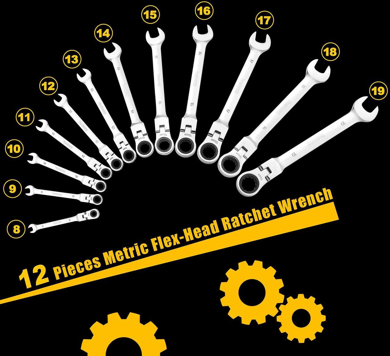 Alt view image 2 of 7 - Yashong 12-Piece 8-19mm Metric Flex-Head Ratcheting Wrench Set, Professional Chrome Vanadium Steel Ratchet Wrench, Combination Ended Span Kit with Portable Suspended Bag