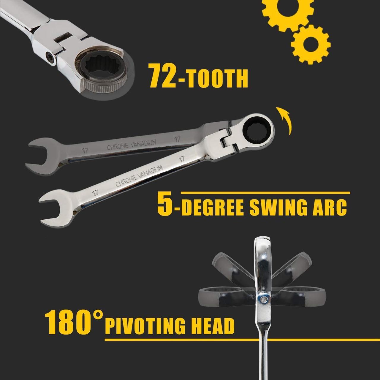 Alt view image 6 of 7 - Yashong 12-Piece 8-19mm Metric Flex-Head Ratcheting Wrench Set, Professional Chrome Vanadium Steel Ratchet Wrench, Combination Ended Span Kit with Portable Suspended Bag