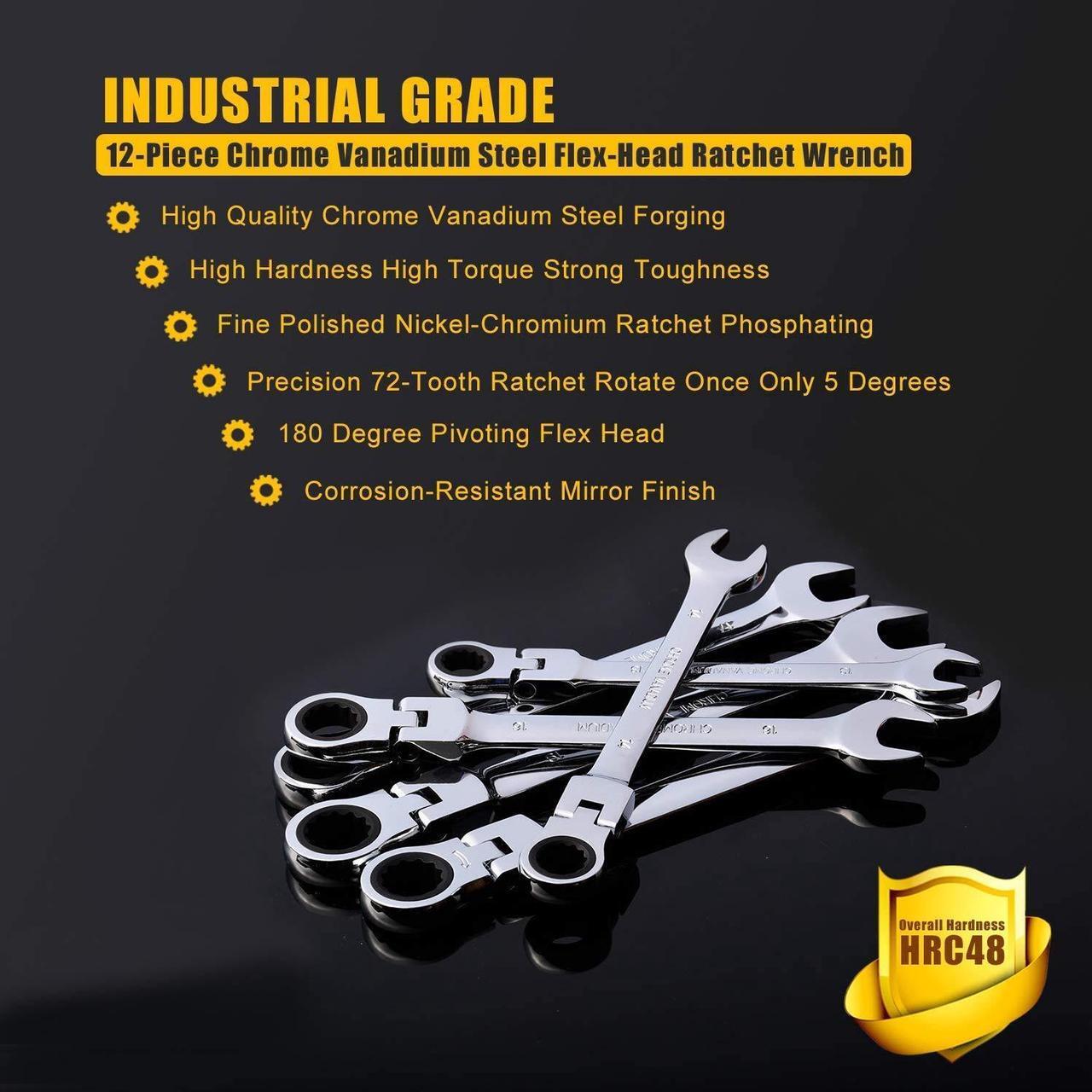 Alt view image 7 of 7 - Yashong 12-Piece 8-19mm Metric Flex-Head Ratcheting Wrench Set, Professional Chrome Vanadium Steel Ratchet Wrench, Combination Ended Span Kit with Portable Suspended Bag