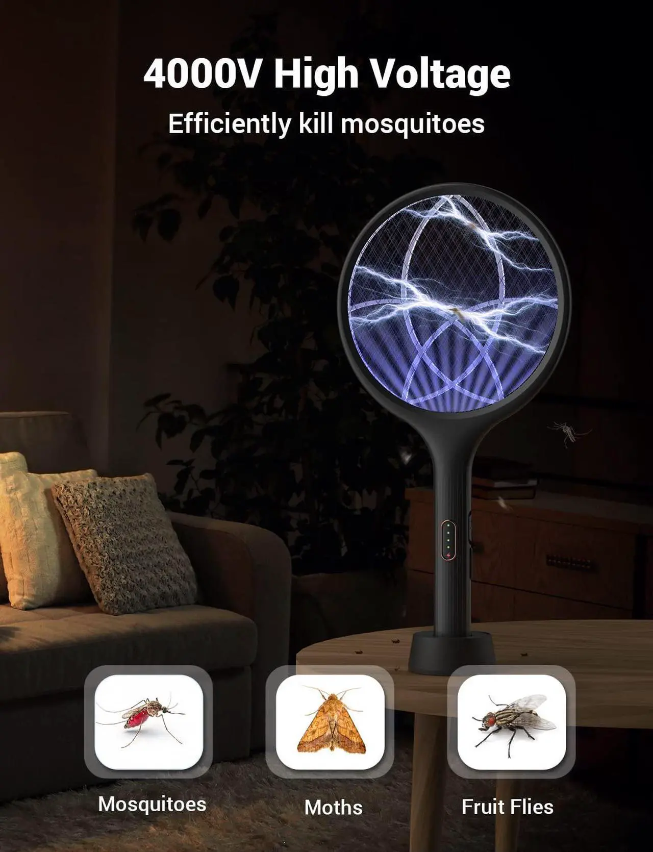 Alt view image 4 of 7 - YISSVIC Electric Fly Swatter 4000V Bug Zapper Racket Dual Modes Mosquito Killer with Purple Mosquito Light Rechargeable for Indoor Home Office Backyard Patio Camping