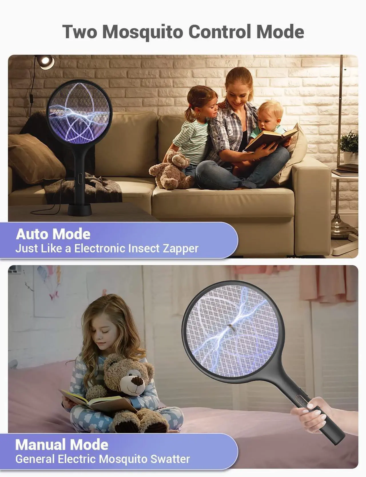 Alt view image 6 of 7 - YISSVIC Electric Fly Swatter 4000V Bug Zapper Racket Dual Modes Mosquito Killer with Purple Mosquito Light Rechargeable for Indoor Home Office Backyard Patio Camping