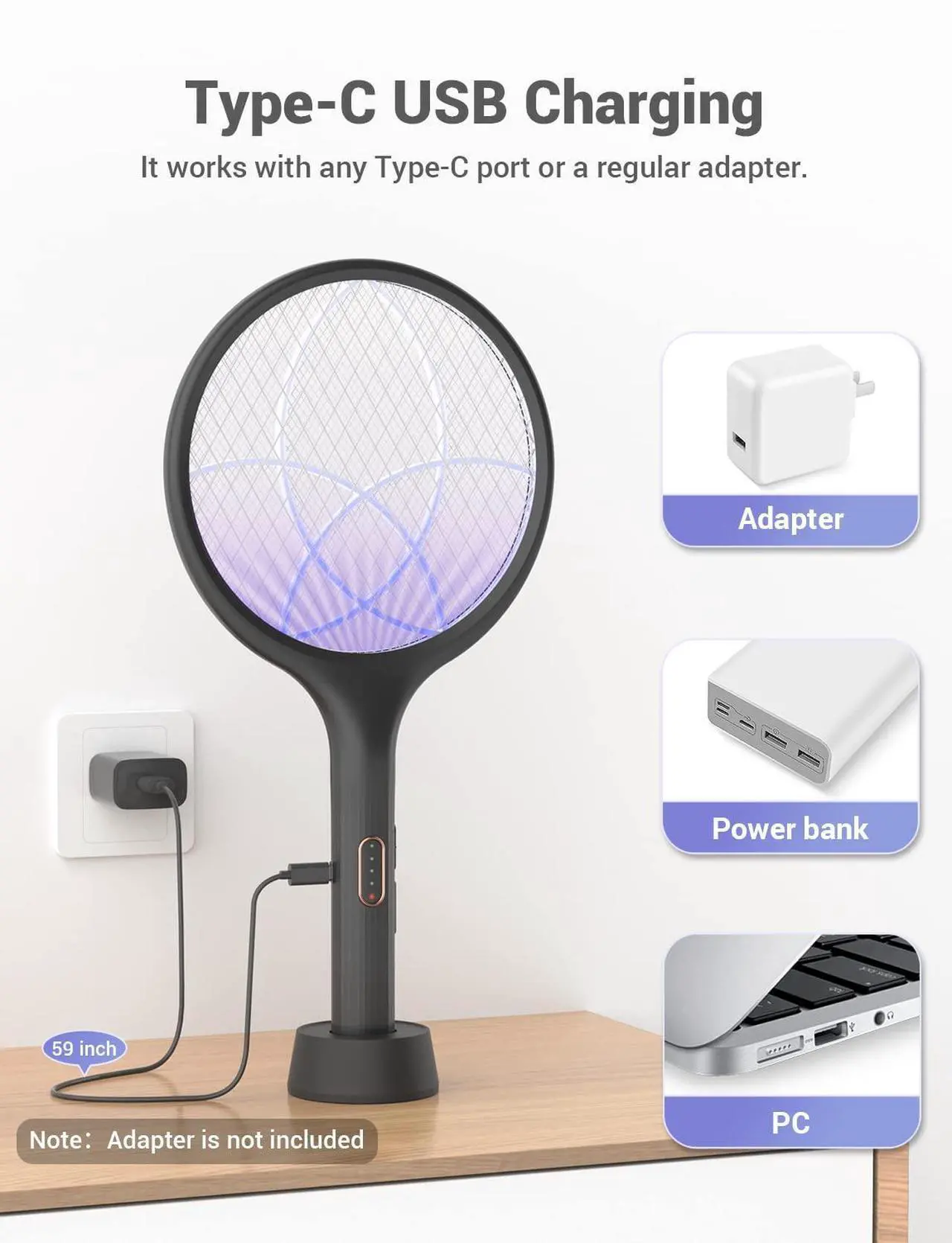 Alt view image 7 of 7 - YISSVIC Electric Fly Swatter 4000V Bug Zapper Racket Dual Modes Mosquito Killer with Purple Mosquito Light Rechargeable for Indoor Home Office Backyard Patio Camping