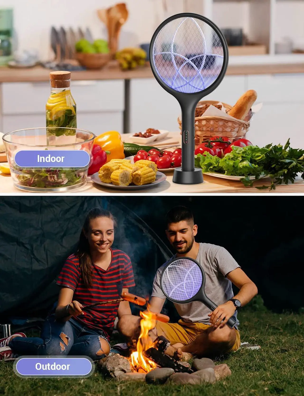 Alt view image 7 of 7 - YISSVIC Electric Fly Swatter 4000V Bug Zapper Racket Dual Modes Mosquito Killer with Purple Mosquito Light Rechargeable for Indoor Home Office Backyard Patio Camping (Black)