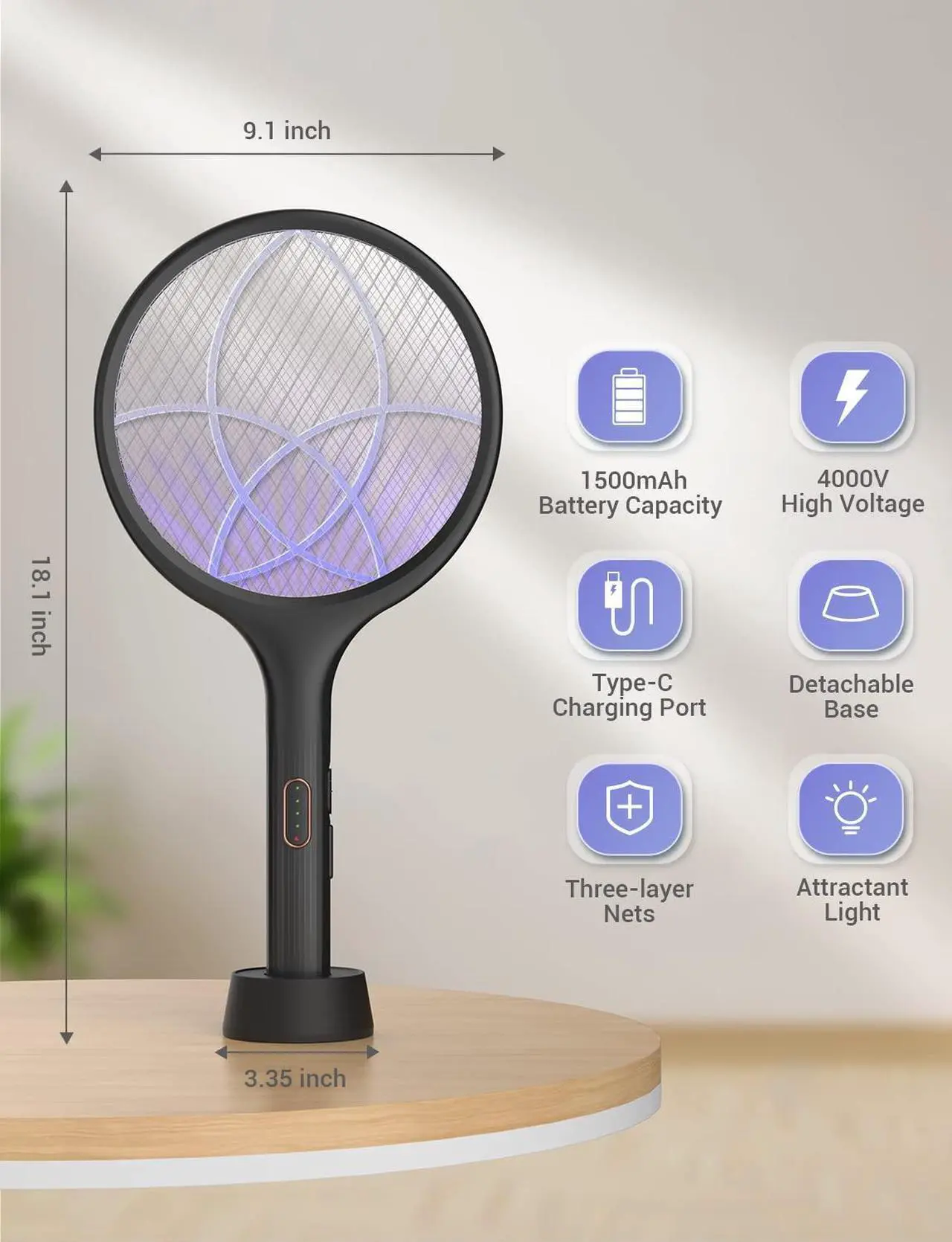Alt view image 2 of 7 - YISSVIC Electric Fly Swatter 4000V Bug Zapper Racket Dual Modes Mosquito Killer with Purple Mosquito Light Rechargeable for Indoor Home Office Backyard Patio Camping
