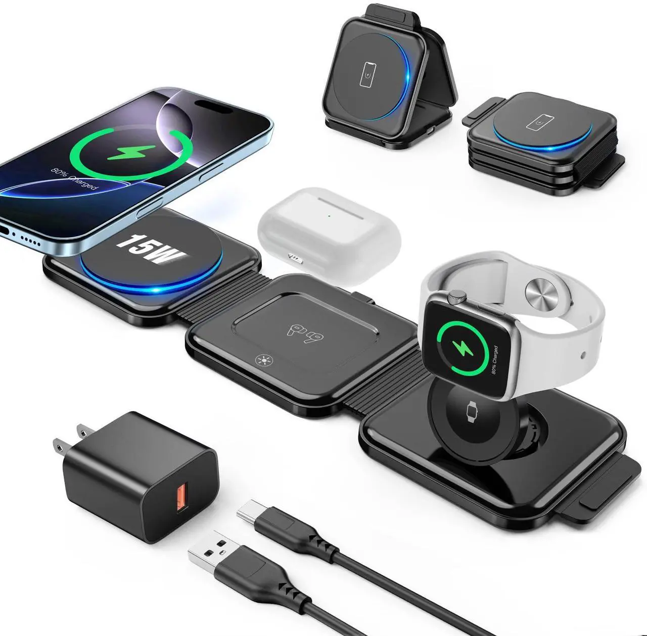 Main image of 3 in 1 Charging Station for Apple Devices 20W Foldable Mag-Safe Charger for Travel Wireless Charger Pad for iPhone 16 15 14 13 12 Pro/Pro Max/Plus/Mini AirPods 2/3/Pro iWatch Ultra/8/7/SE/6/5/4/3/2