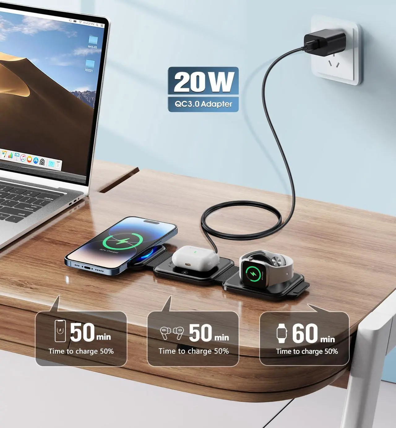 Alt view image 2 of 7 - 3 in 1 Charging Station for Apple Devices 20W Foldable Mag-Safe Charger for Travel Wireless Charger Pad for iPhone 16 15 14 13 12 Pro/Pro Max/Plus/Mini AirPods 2/3/Pro iWatch Ultra/8/7/SE/6/5/4/3/2