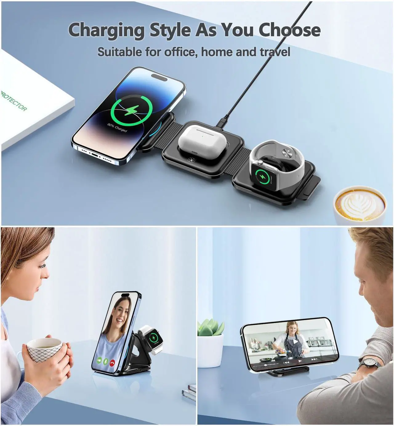 Alt view image 4 of 7 - 3 in 1 Charging Station for Apple Devices 20W Foldable Mag-Safe Charger for Travel Wireless Charger Pad for iPhone 16 15 14 13 12 Pro/Pro Max/Plus/Mini AirPods 2/3/Pro iWatch Ultra/8/7/SE/6/5/4/3/2