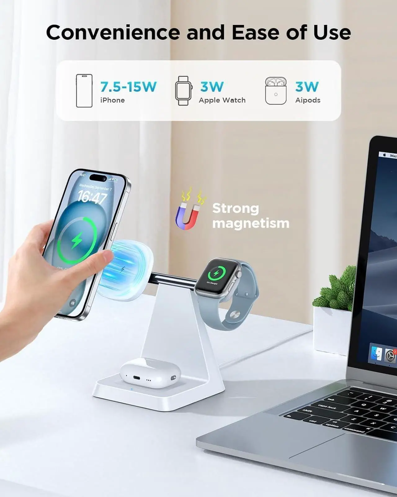 Alt view image 3 of 5 - Charging Station for Multiple Devices Apple: 3 in 1 Magnetic Wireless Charger Stand for Mag Safe iPhone - Charging Dock for iPhone 16 15 14 13 12 Pro Max Plus Apple Watch Airpods