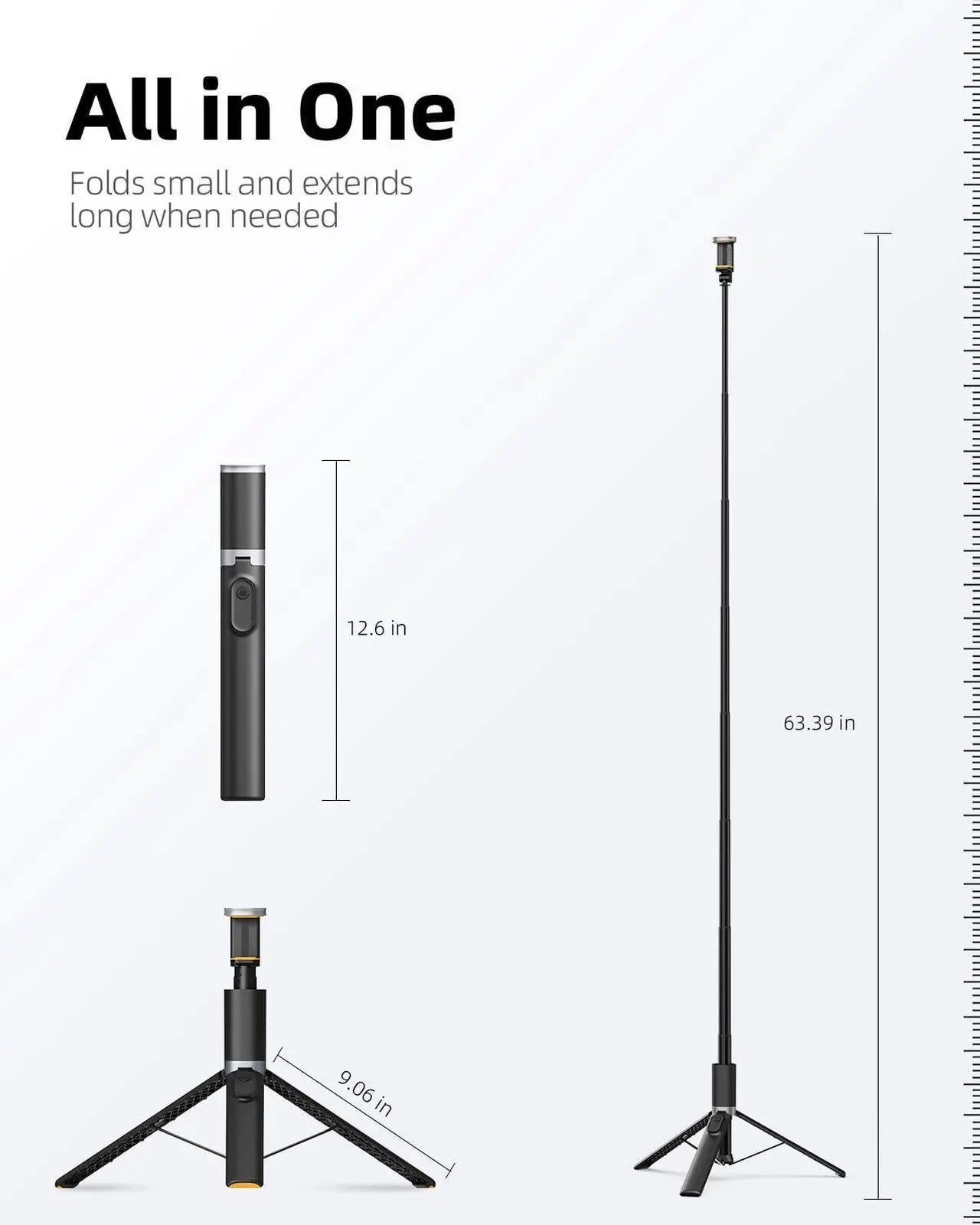 Alt view image 7 of 7 - TODI 63" Cell Phone Selfie Stick Tripod, Portable Tripod for iPhone with Wireless Remote, Extendable Smartphone Stand, All-in-1, Compatible with iPhone/Android